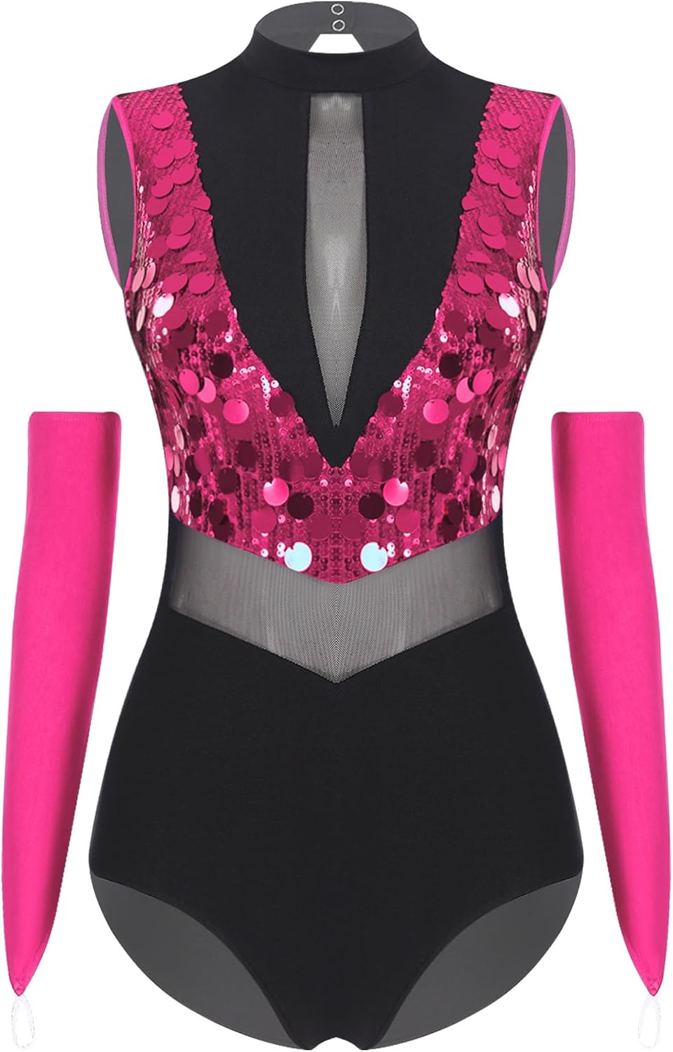 ranrann Sequins Dance Outfit Dress Big Girls Sparkle Jazz Singer Star Costume Latin Ballet Leotard with Gloves