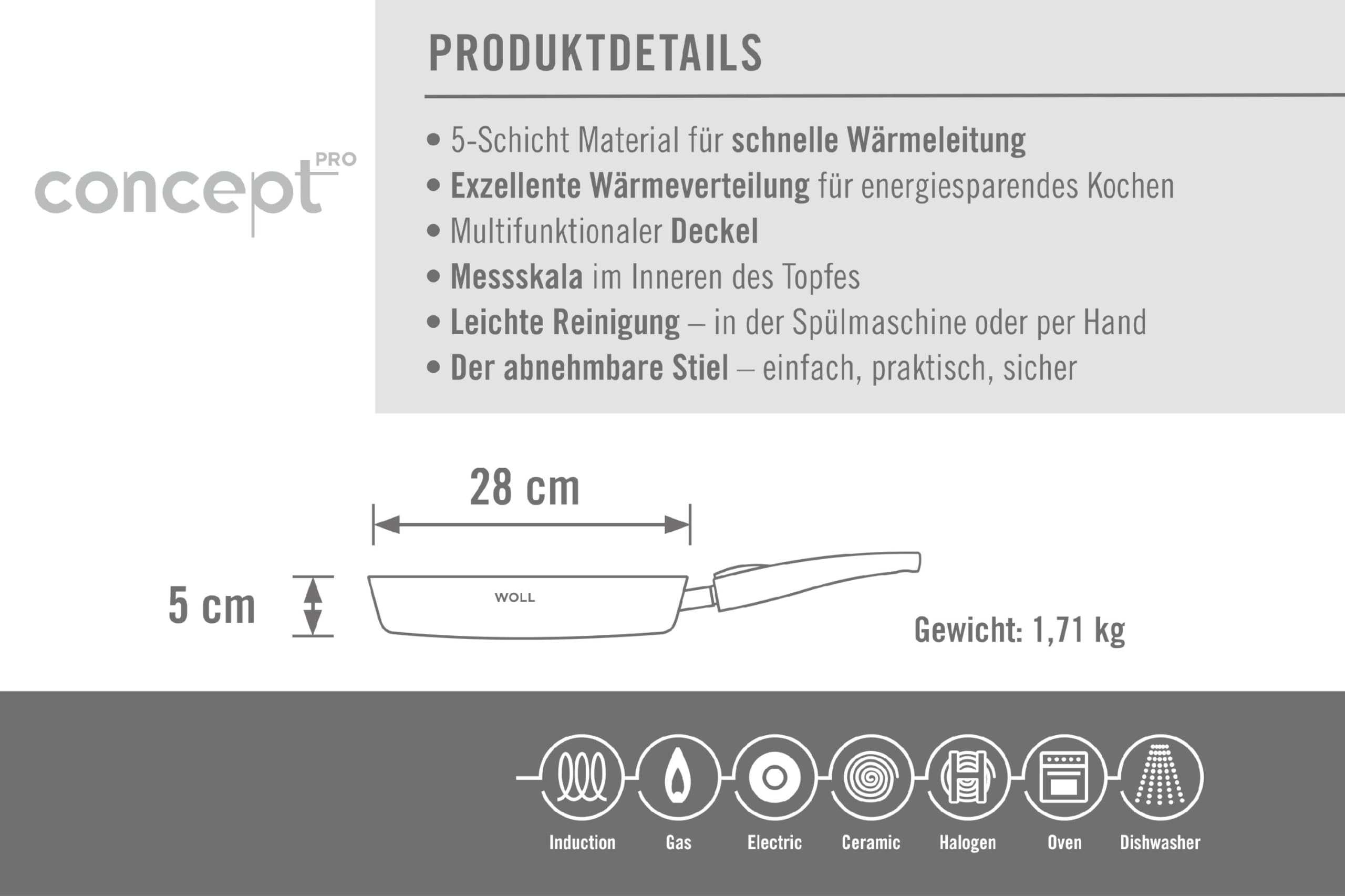 Woll Concept PRO Bratpfanne - Induktiv -, Ø 28 cm, 5 cm hoch, Geeignet für alle Herdarten, Edelstahl, backofenfest bis zu 220°, silber