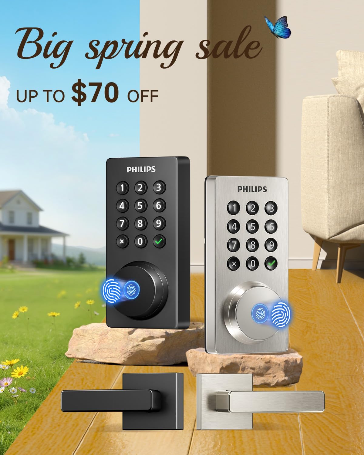 Philips WiFi Keypad Door Lock with Handle, Built-in WiFi, APP Remote Control, Voice & Fingerprint Unlock, Smart Locks for Front Door with Auto Lock, Keyless Entry Deadbolt, Satin Nickel - 2