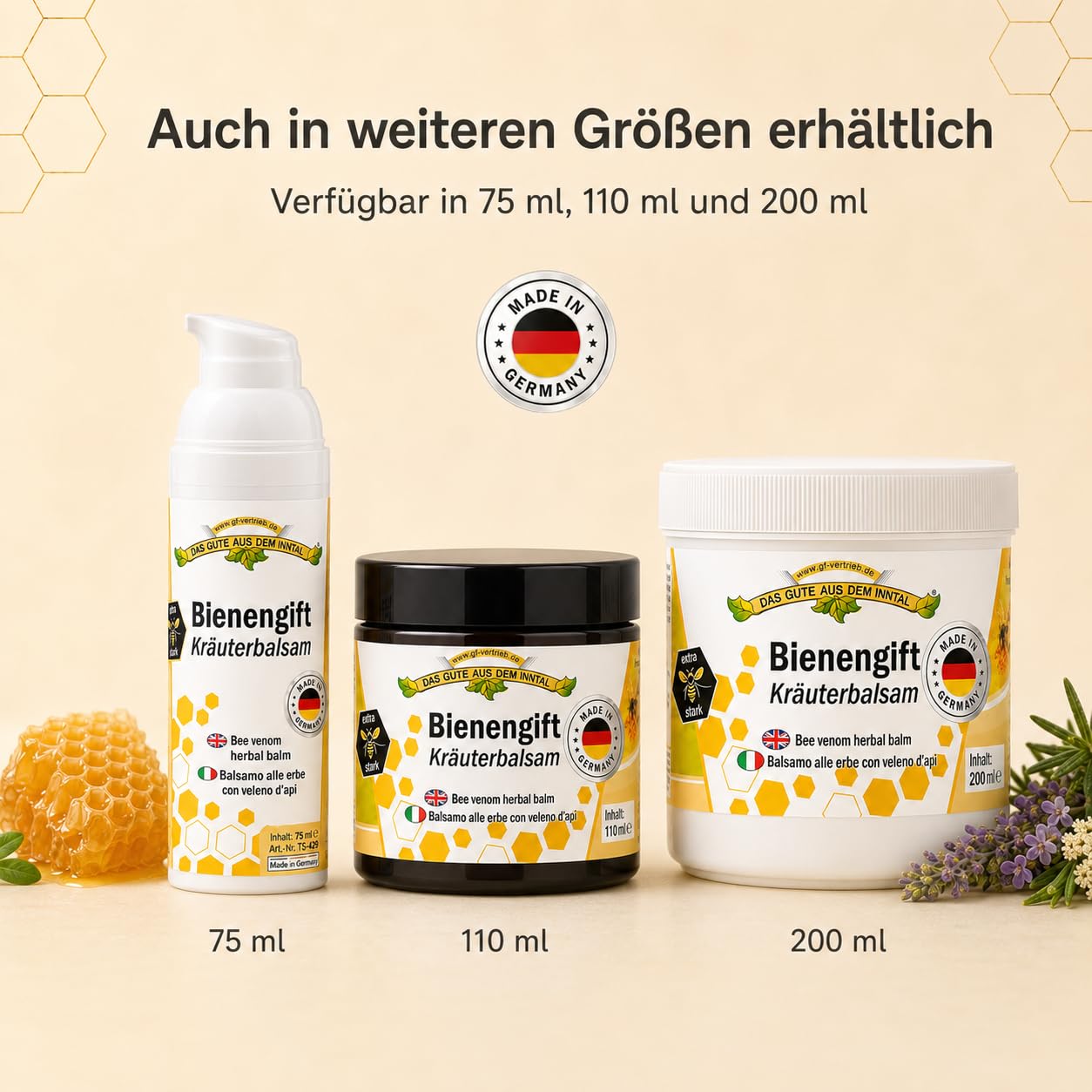 Bienengiftsalbe 200ml - Pflegecreme Kräuterbalsam extra stark - Wärmend & kühlende Bienencreme mit 12 Pflanzenextrakten, Menthol & Avocadoöl - Bienengift nach Sport & Belastung