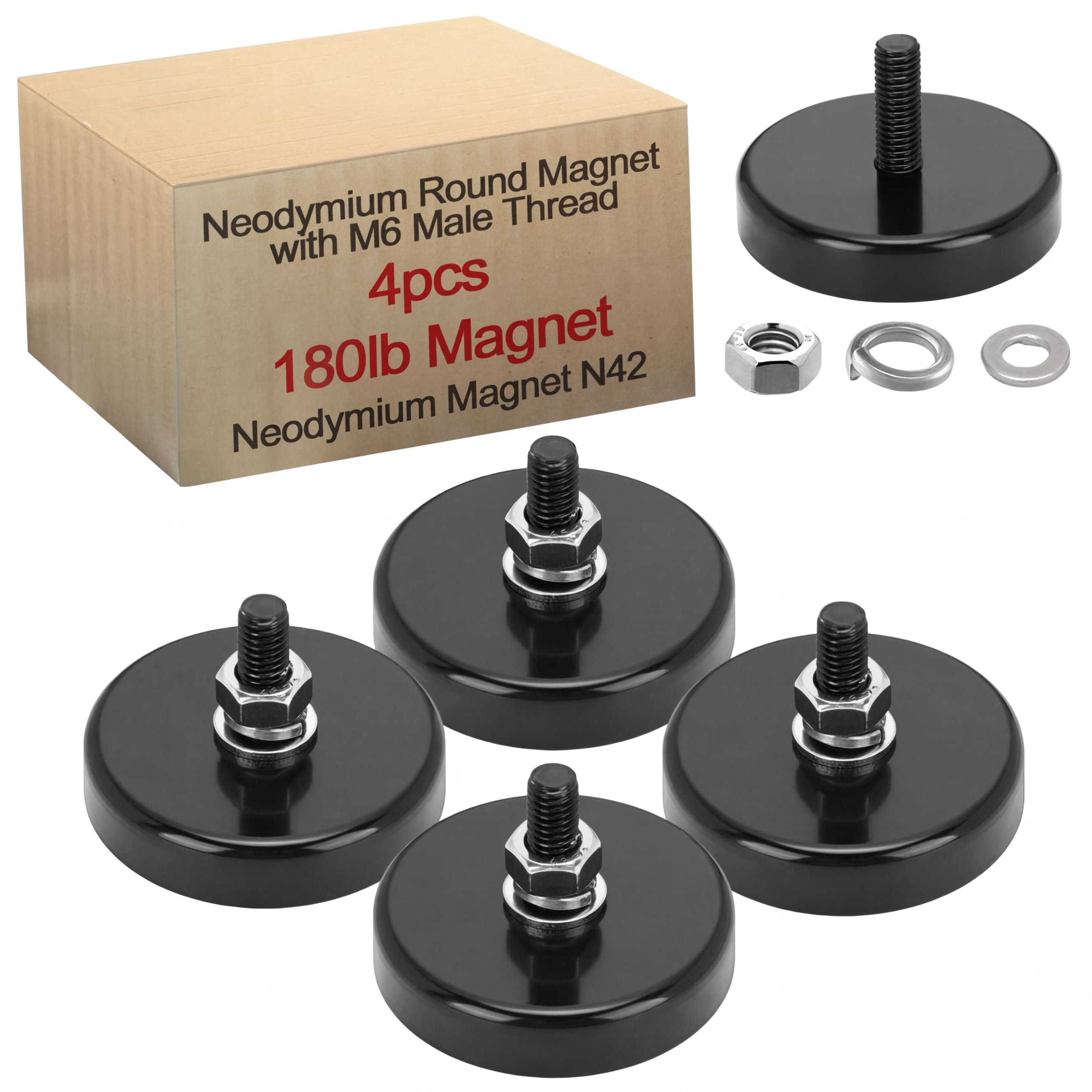 Photo 1 of Flutesan 4 Pieces Heavy Duty Neodymium Round Mounting Magnet with Bolt 1.65in-180lb-M6 Black with Male Thread Stud Strong Rare Earth Magnet Super Powerful for Lighting Camera Brackets License Plate