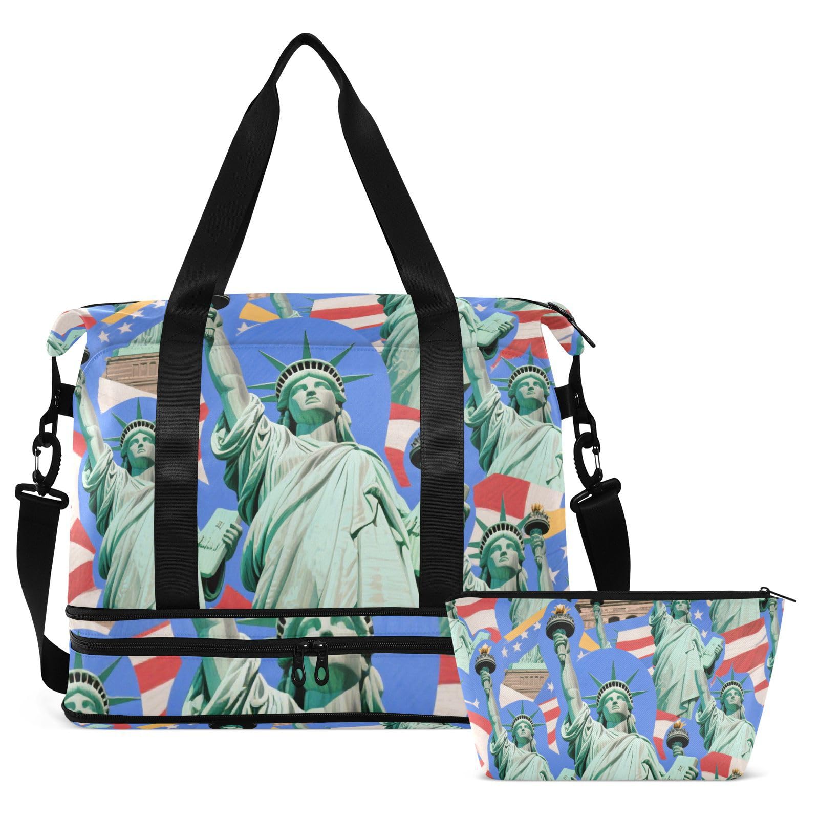 Borsa da viaggio blu alla moda con statua della libertà, con tasca bagnata, cinturino regolabile, borsone sportivo da palestra, per allenamento, pieghevole, per uomini e donne