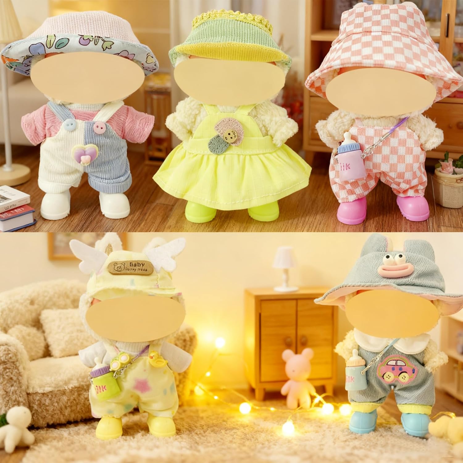 Ezcora Macaron Style Doll Clothes Set for 17cm Dolls, Include 5 Outfits with Hats, Shoes, Glasses and Mini Bags, Cute Dress Up Outfit for Doll Display, (No Dolls) (Macaron Style)
