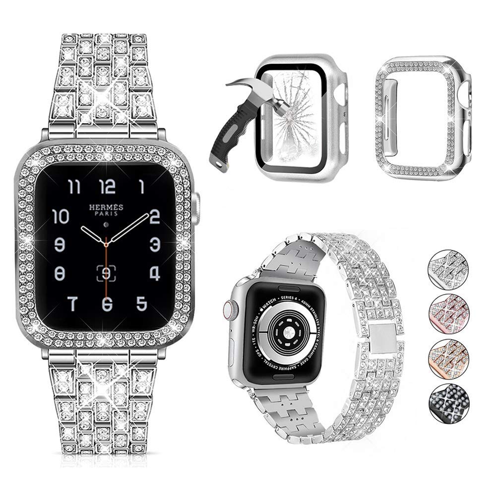 3-Pack Compatible For Apple Watch Band 38mm 40mm 41mm 42mm 44mm 45mm 46mm 49mm, Bling Jewelry Metal Bands with Diamond Case + Screen Protective Cover