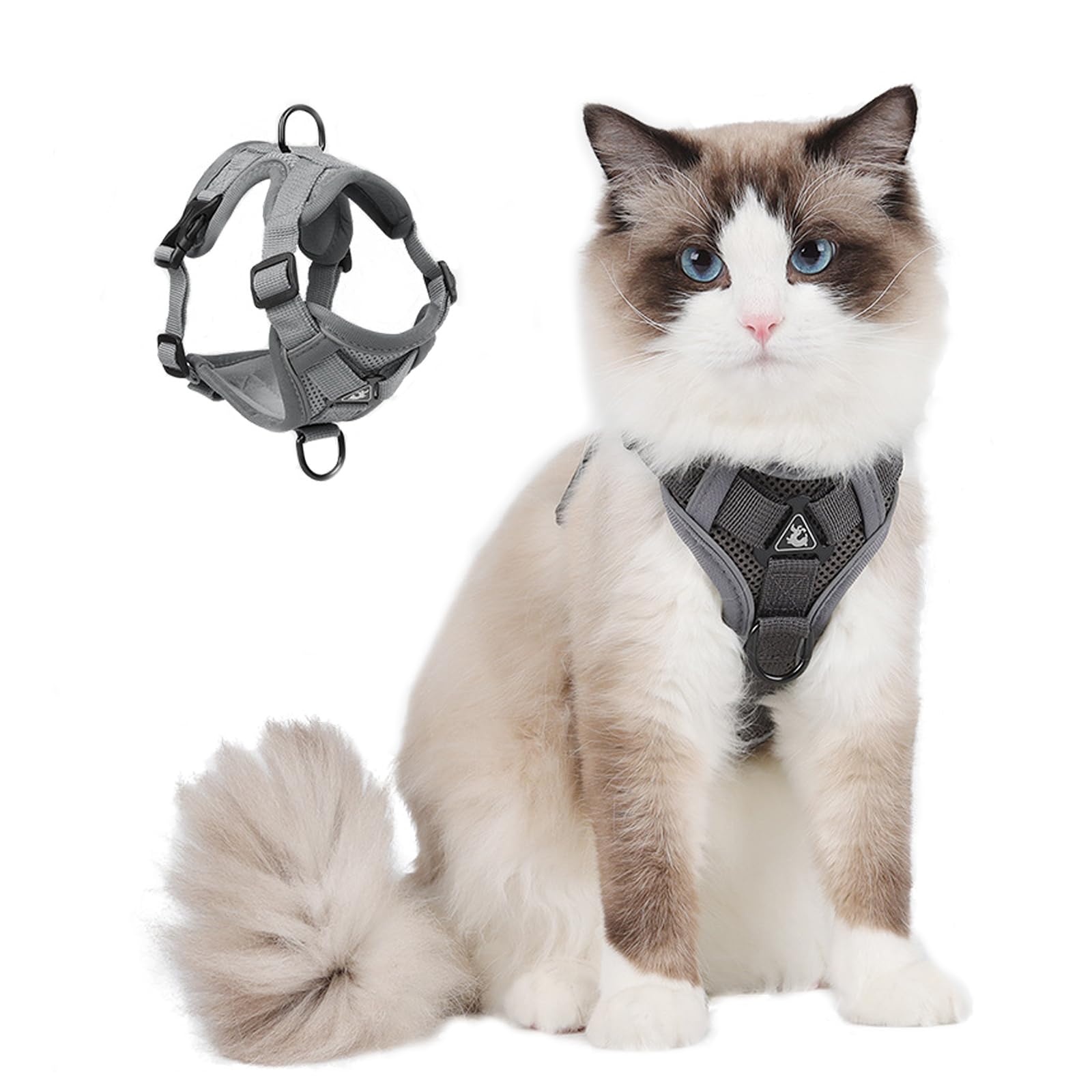 GEPAS Cat Harness and Leash Set Escape Proof, Kitten Leash for Walking, Adjustable Triangle Cat Vest Leash Made of Mesh, Step in Dog Harness for Small Dogs, Grey, L