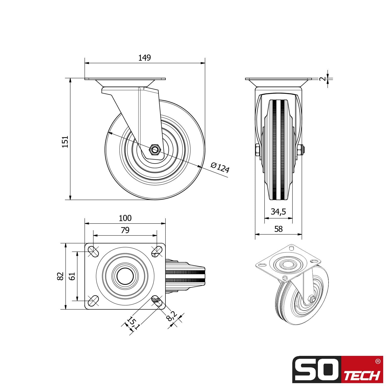 SOTECH 4 piezas Ruedas de transporte RED Ø 125 mm (2x ruedas giratorias, 2x ruedas giratorias con freno) Altura 151 mm Placa atornillada 100 x 82 mm Capacidad de carga 440 Kg