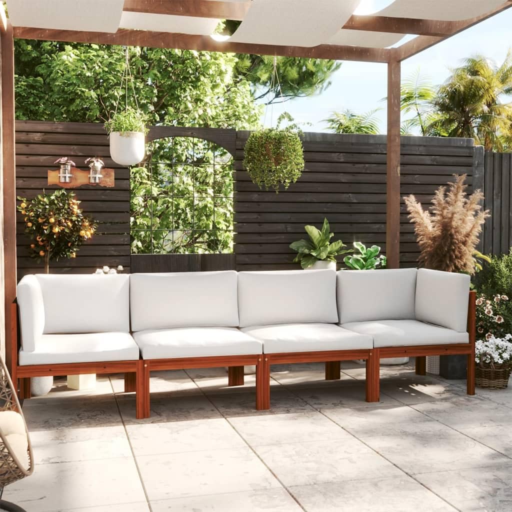 Sofá de jardín de 4 plazas de madera maciza de pino con respaldo de cuerda trenzada, cojines gruesos acolchados y diseño modular para una colocación flexible