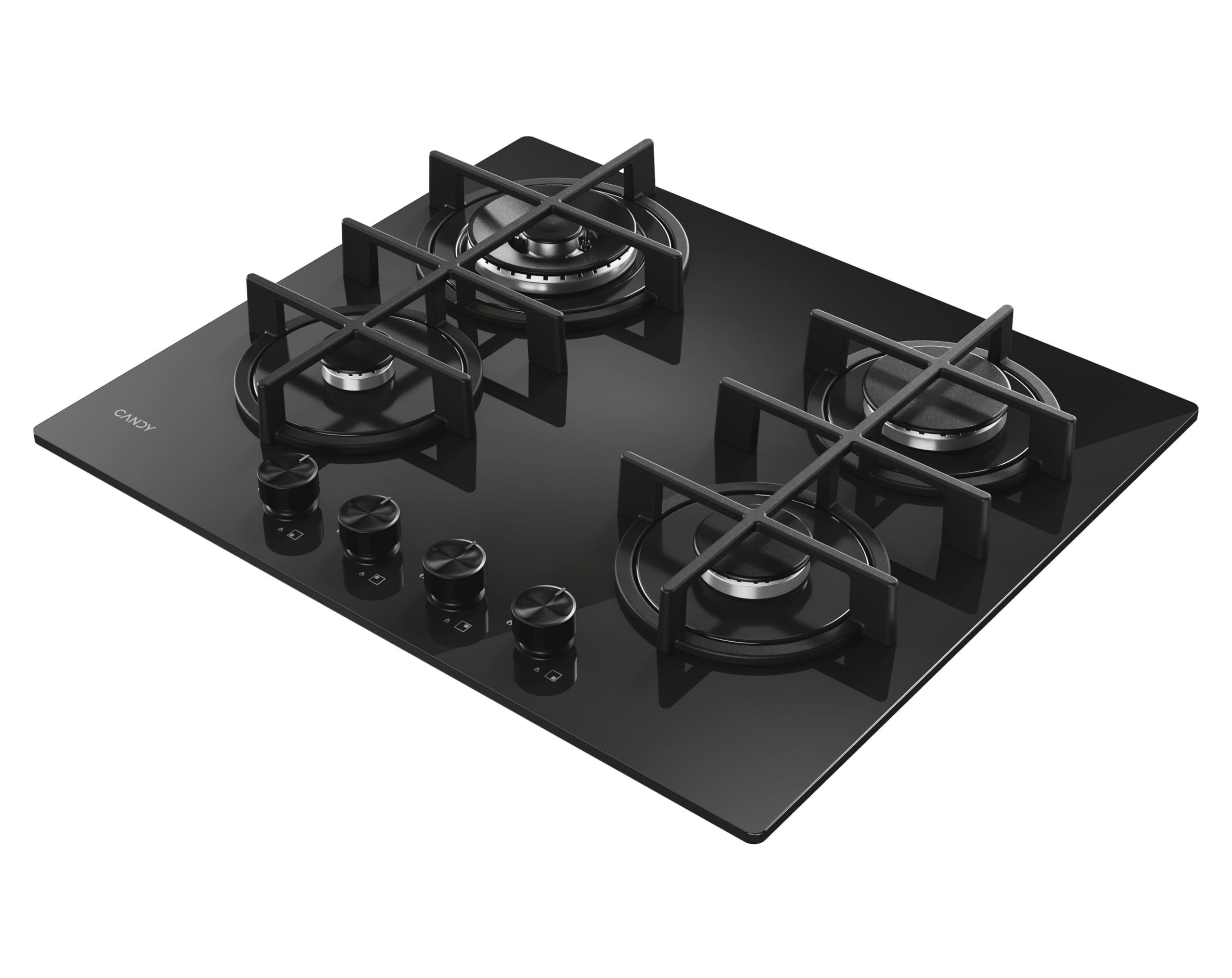 Candy Moderna Piano Cottura a Gas 4 Fuochi, Vetro Temperato, Bruciatore a Doppia Corona, Griglie Lavabili in Lavastoviglie, AxLxP 0,8x59,5x51 cm, Nero - CVG6BR4WTB