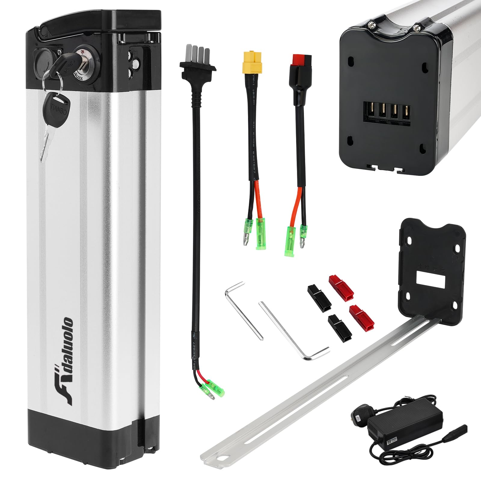 Batería Bicicleta Eléctrica con Cargador, 36V 10Ah Plegable Batería Ebike Reemplazo Plata Litio Pedelec Extraíble Bateríe con 4 Puertos, Bloqueo Seguro para 350W 250W 200W 100W Motor