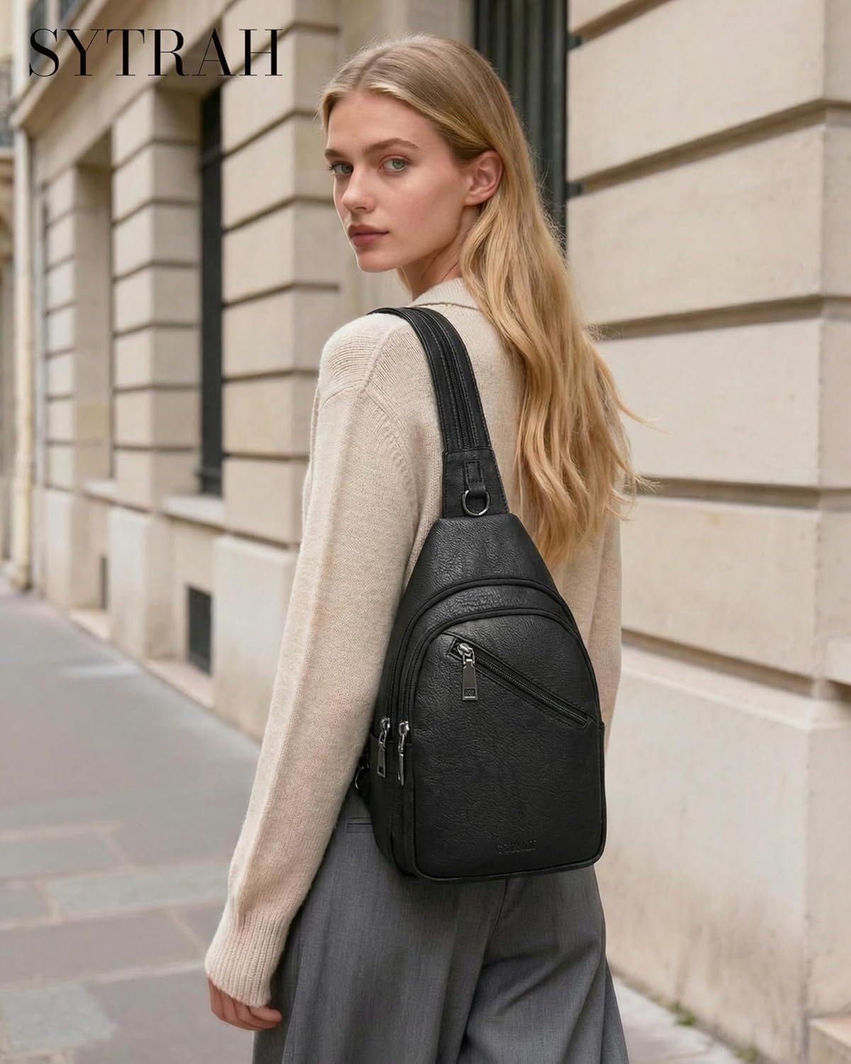 Sling Bag for Women, Crossbody Bags for Women Trendy Crossbody Purse Vegan Leather Sling Backpack Chest Bag with Dual Purpose Strap, Pure Black - Image 3