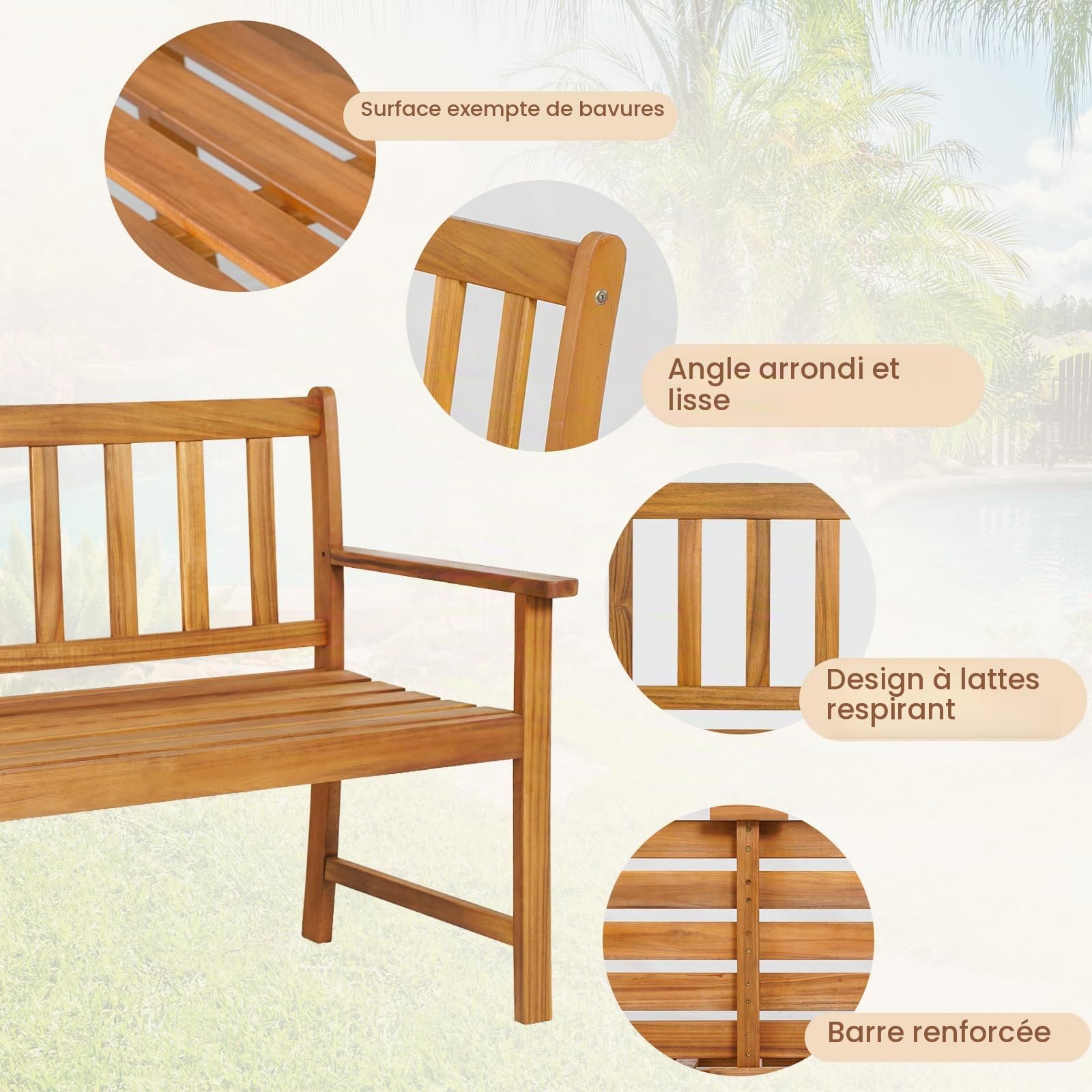 GIANTEX Banc d'Extérieur pour 2 Personnes, Banc de Jadin en Bois d'Acacia, Banc de Parc, avec Dossier et Accoudoirs Ergonomiques, Résistant aux Intempéries, Jardin, Terrasse, 122 x 56,5 x 86 cm