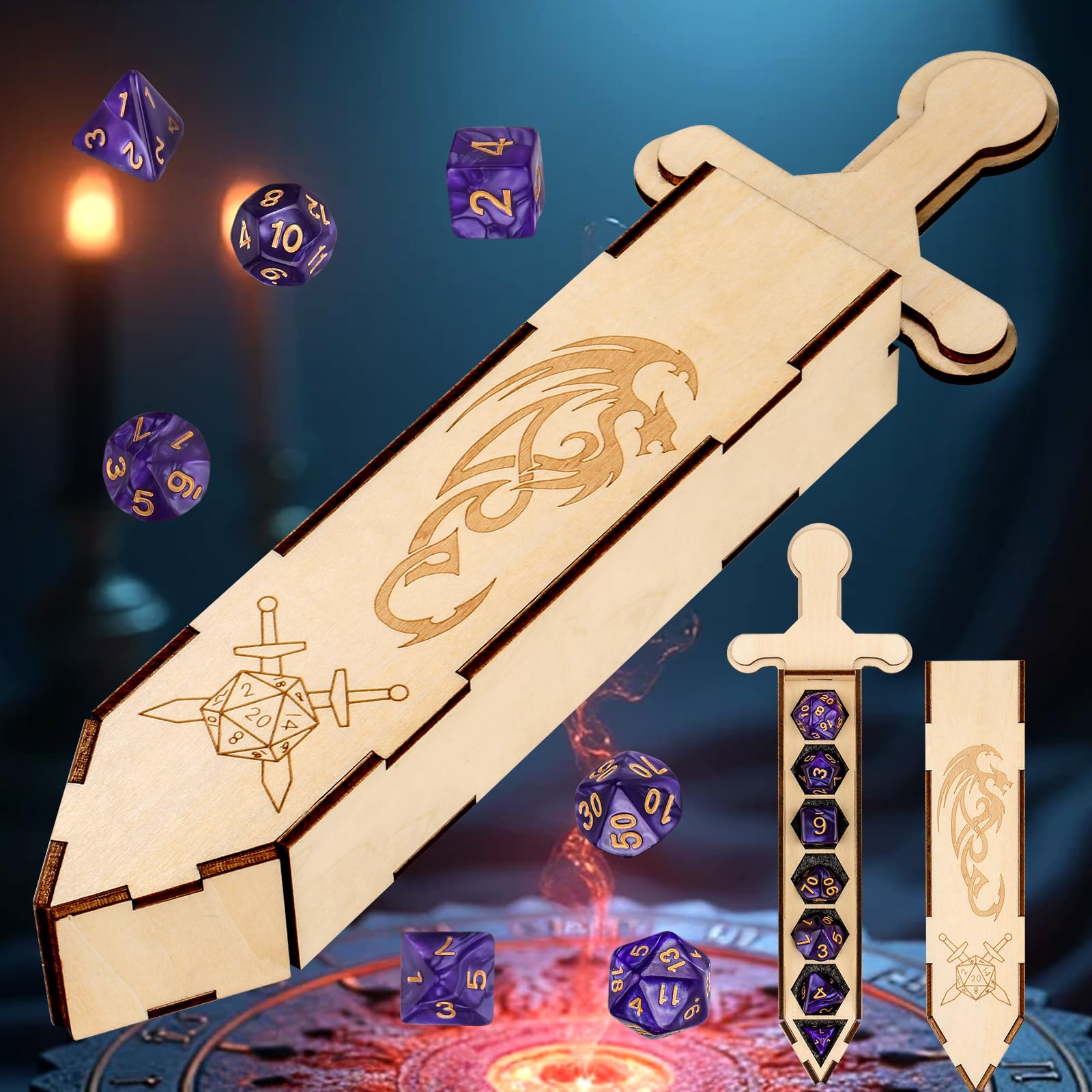 Portadadi a forma di spada con 7 dadi poliedrici viola, Contenitore in legno per accessori D&D, Scatola portaoggetti per giochi di ruolo, Set regalo per giochi da tavolo fantasy