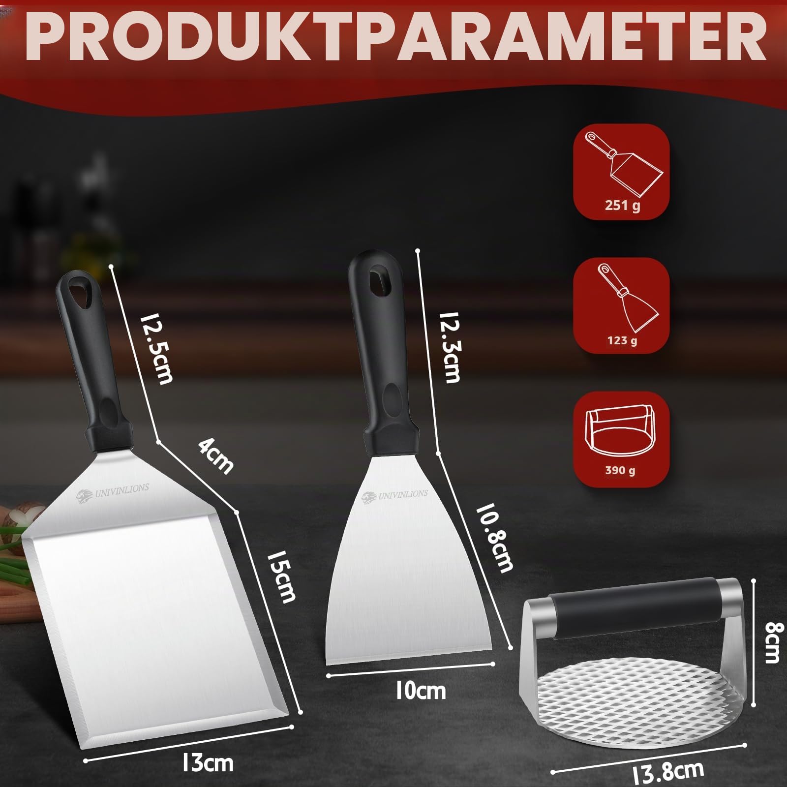 Barbecue Burger Set,Großer Grillspatel,5,5 Zoll Burgerpresse,Professioneller Pfannenwender Edelstahl,Burger Smasher für Pattie,Grill Werkzeug Outdoor und Indoor