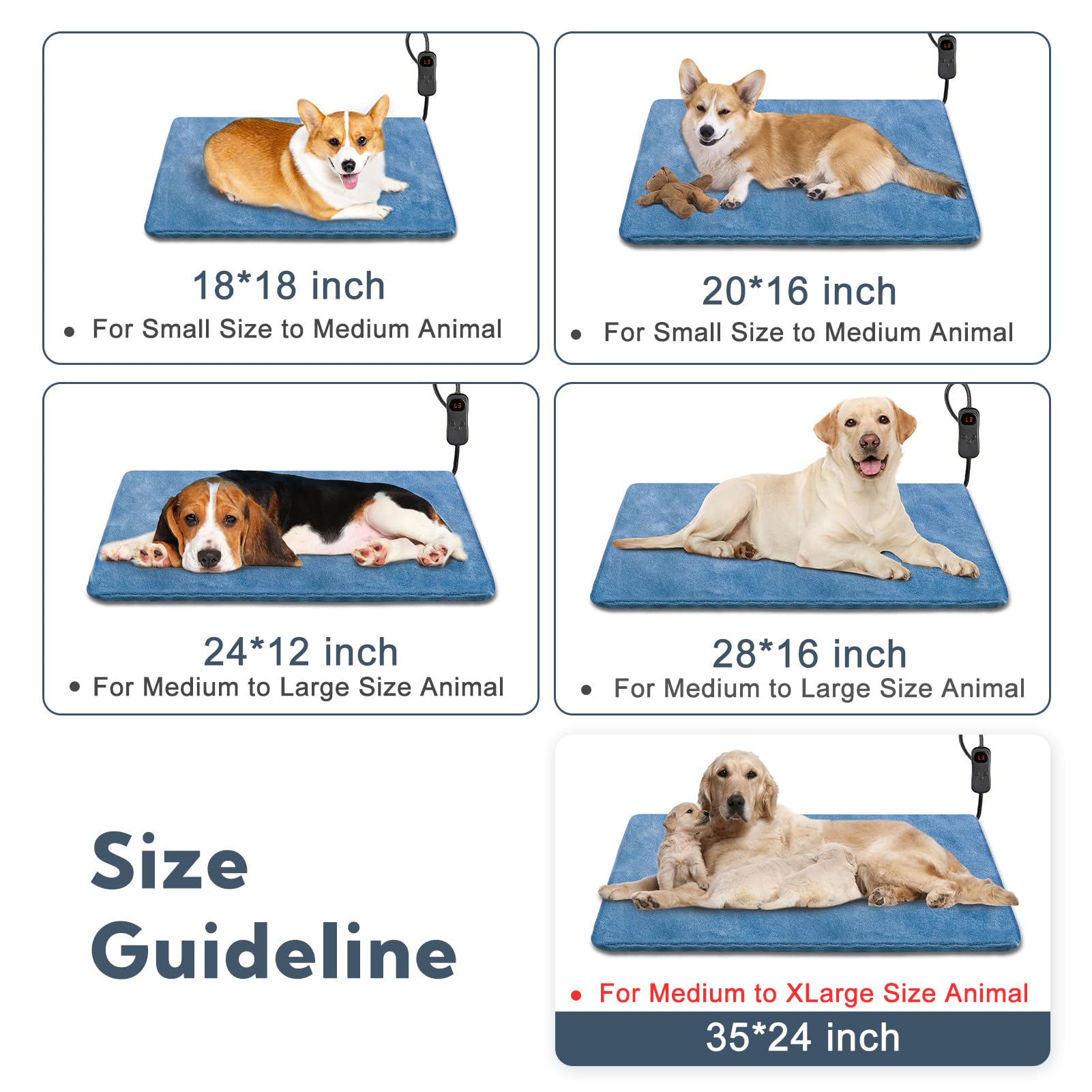 Wärmekissen für Hunde, 88,9 x 61 cm, einstellbare Temperatur für Hunde und Katzen, wasserdicht, Timer und bissfestes Kabel