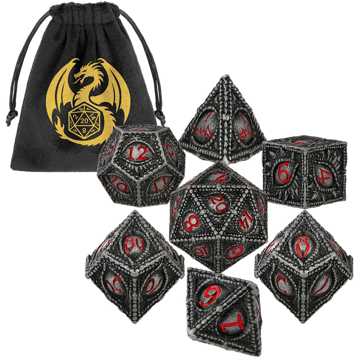 Metal Dice Set, Dragon Eye Theme, 7pcs Polyhedral Metal DND Dice Set, DND Starter Set, D&D Gifts with Gift Bag, Role Playing Board Games Accessories, Red Black Silver