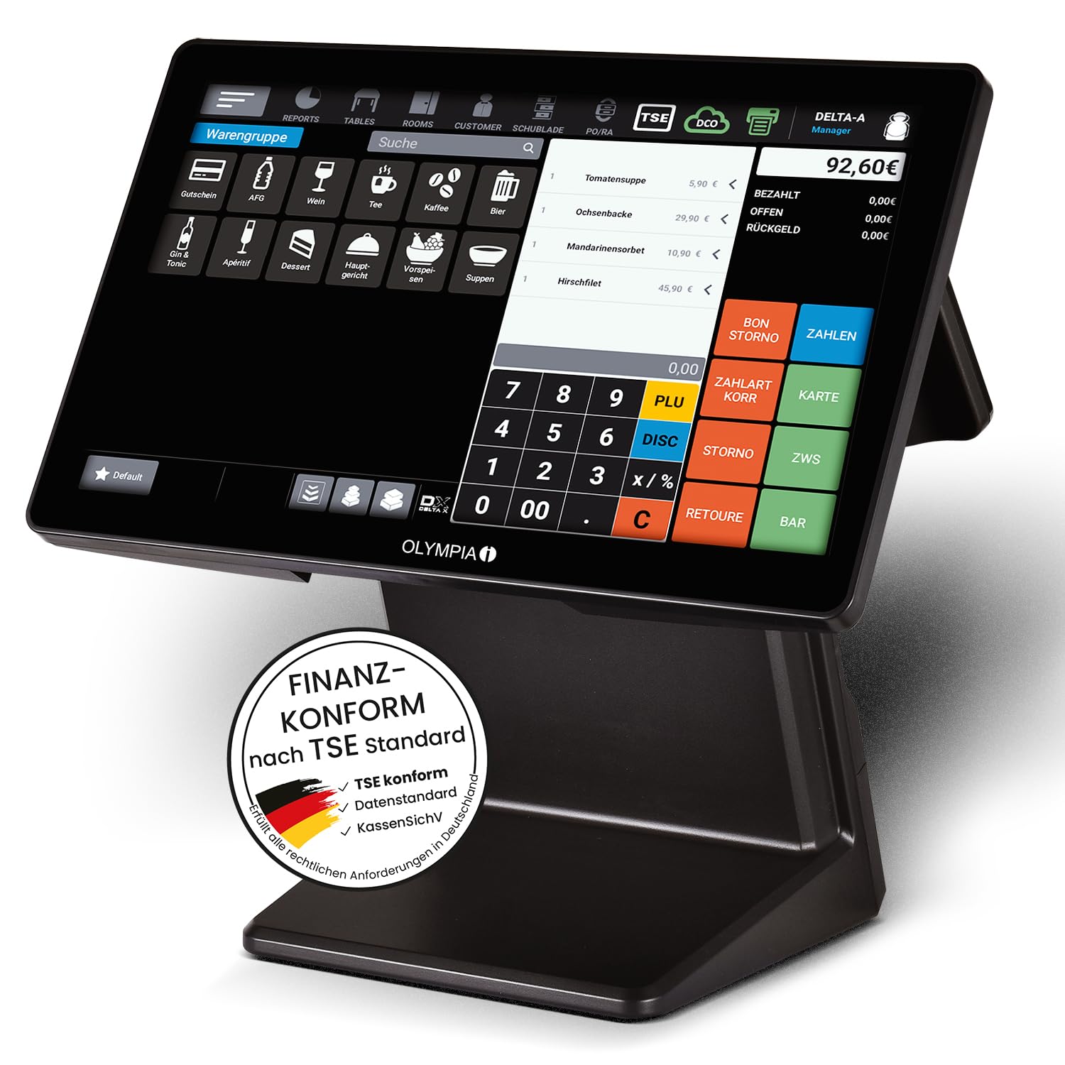 Olympia T400 Kassensystem Touchscreen Kasse Android 11 USB-TSE Registrierkasse Kundenanzeige Cloudoption Komplettsystem