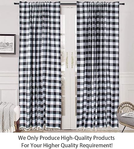 Miniatura 2 de ShinyBeauty Cortinas a cuadros de búfalo negro, 2 paneles de 84 pulgadas de largo, cortinas a cuadros de granja, cortinas de algodón con borlas y