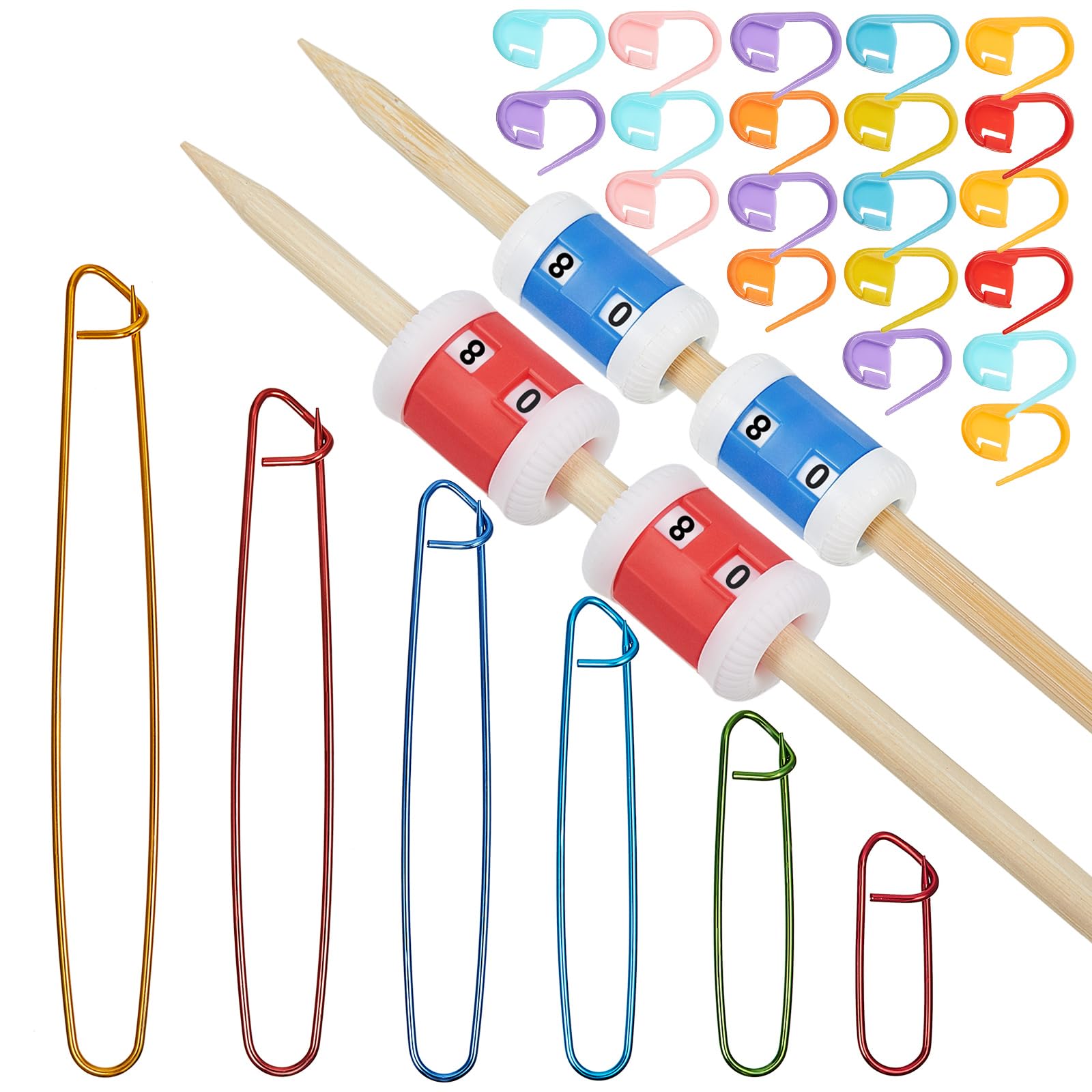 Syhood Basic Knitting Tools Accessories, Including 4 Row Counter for Knitting in Different Sizes, 20 Knittings Crochet Locking Stitch Markers and 6 Assorted Size Stitch Holder Set