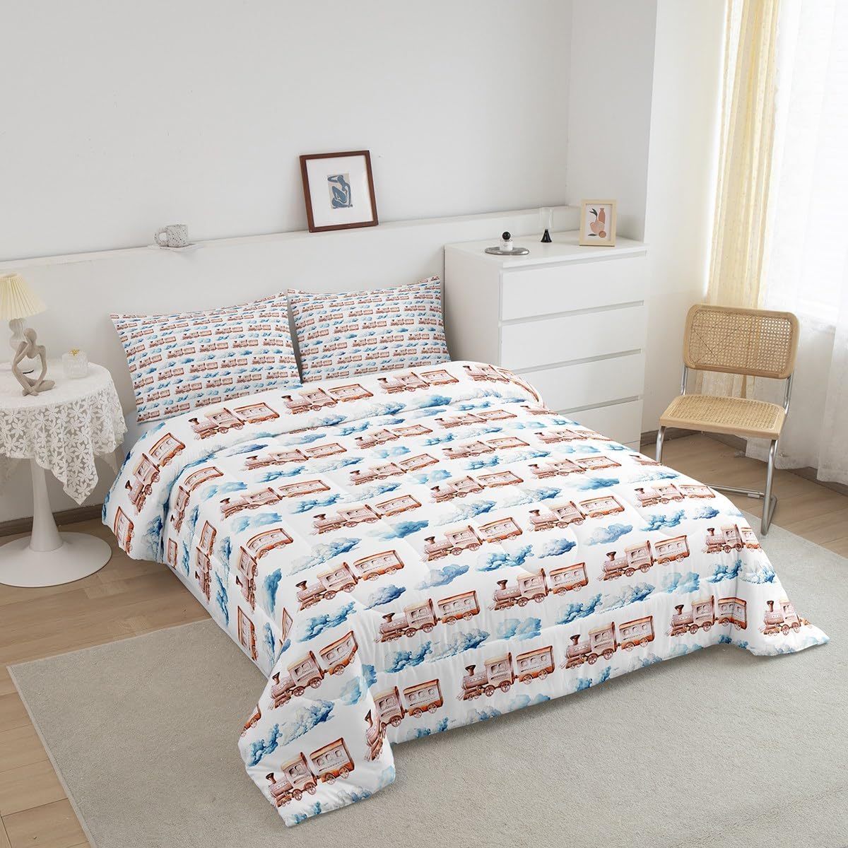 Erosebridal Watercolor Train Bedding Set Twin for Toddler Kids Steam Engine Comforter Set, Dreaming Blue Cloud Duvet Insert Car Theme Quilt Comforter, Railway Vehicle Bedding Comforters & Sets 2pcs