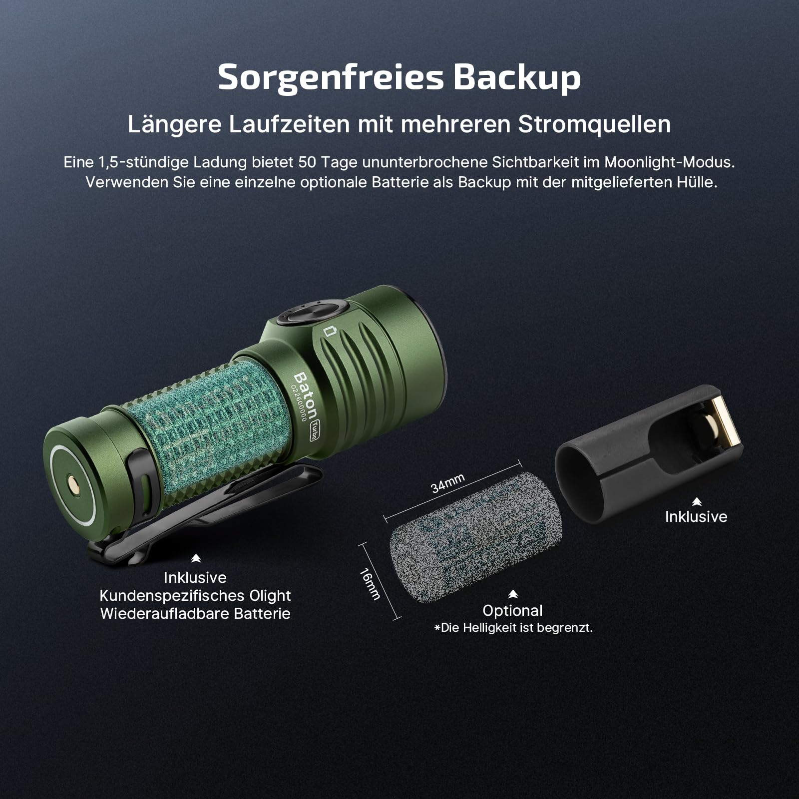 OLIGHT Baton Turbo kleine Taschenlampe 1000 Lumen bis zu 510 Meter Leuchtweite Wiederaufladbare Hanlampe mit Intelligent Anzeige, 50 Tage Laufzeit, 91g Mini Flashlight mit 5 Lichtmodi OD Grün