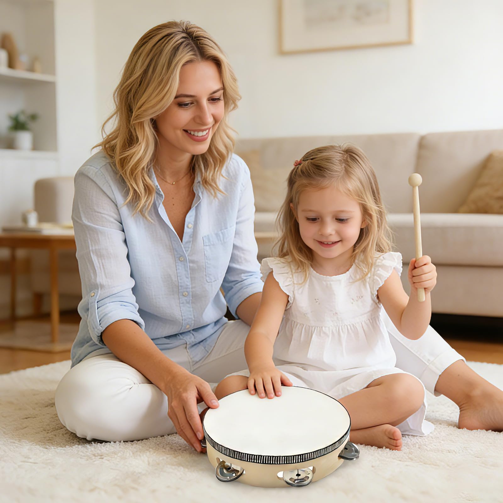 Set Tambourin en Bois avec Baguette 8 Pouces | Tambour à Main 20 cm de Diamètre Bord Renforcé par Corde