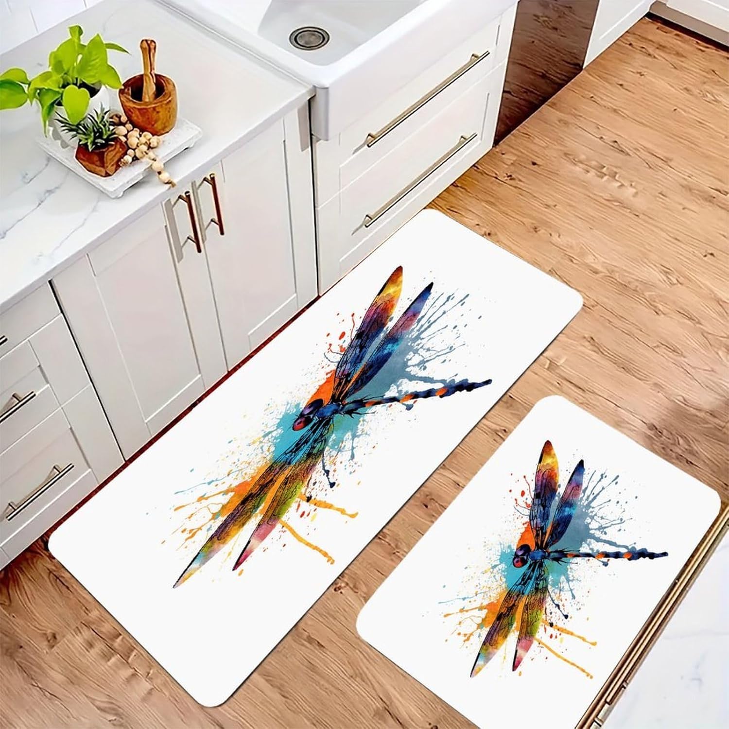 Paint Splash Dragonfly Kitchen Mat Kitchen Rug Set | Kitchen Rugs Flannel Velvety Washable breathable Water Absorbent Soft ，kitchen utensils for Kitchen, Floor,Laundry