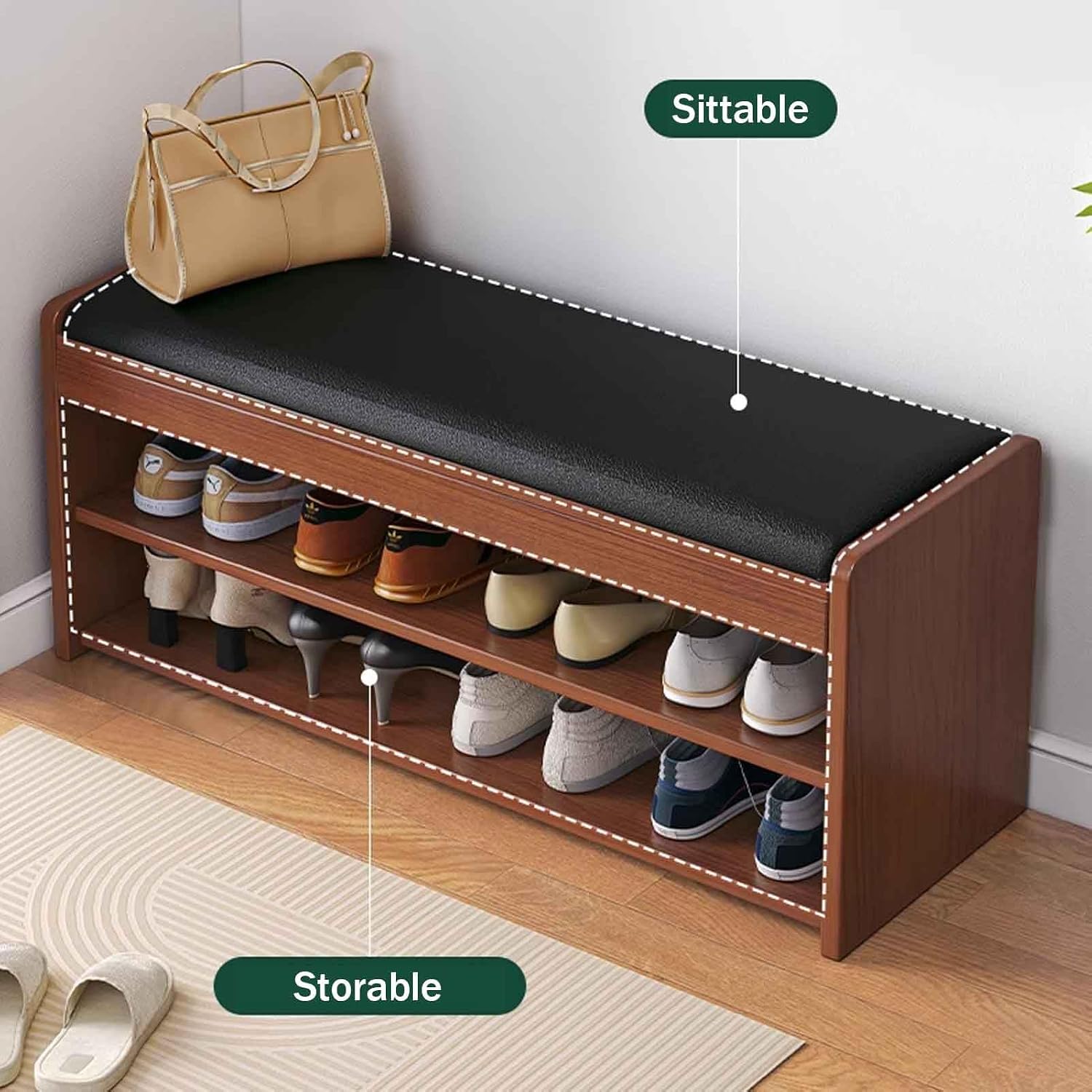 Shoe Storage Bench Changing Stool for Entryway Small Space with Pu Leather Seating Narrow Rack for Living Room