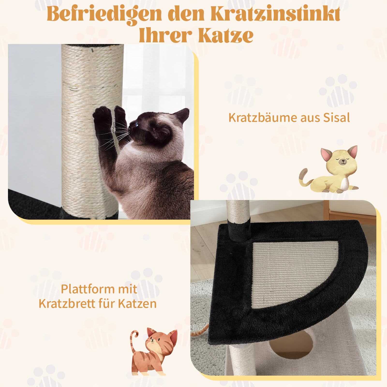 COSTWAY Drapak dla kota z jaskinią dla kota, sizalowy słupek do drapania, duża podstawa i zakrzywiona platforma, stabilny drapak dla kota, drzewko do wspinaczki, nowoczesny, beżowy + czarny