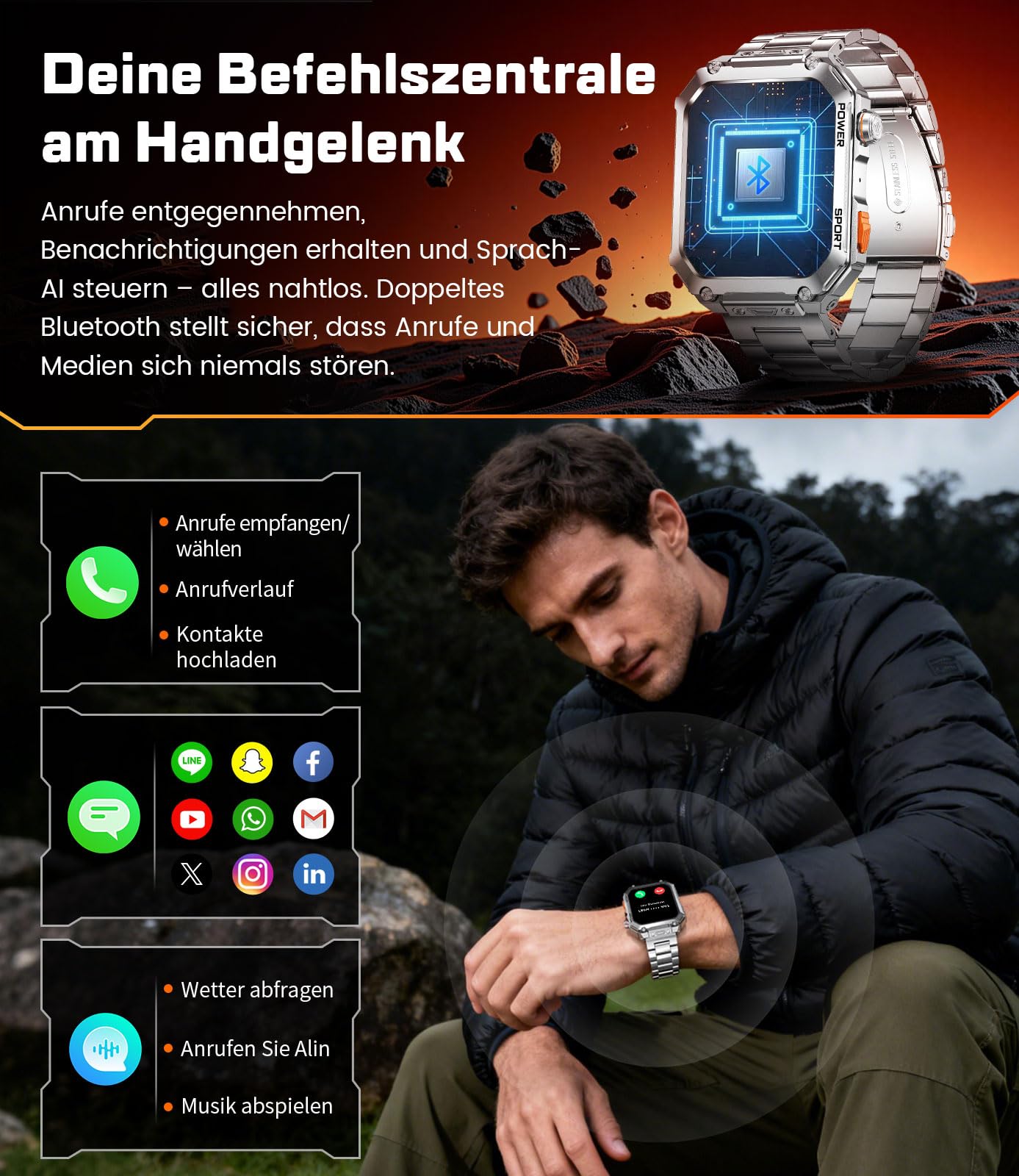 ESFOE Montre Connectée Homme,1,96" Militaire Smartwatch avec Appel Bluetooth 3 Bracelets 100+ Modes Sportifs 5ATM Étanche Fréquence Cardiaque Podomètre Fitness Tracker iOS Android Argent Métallisé