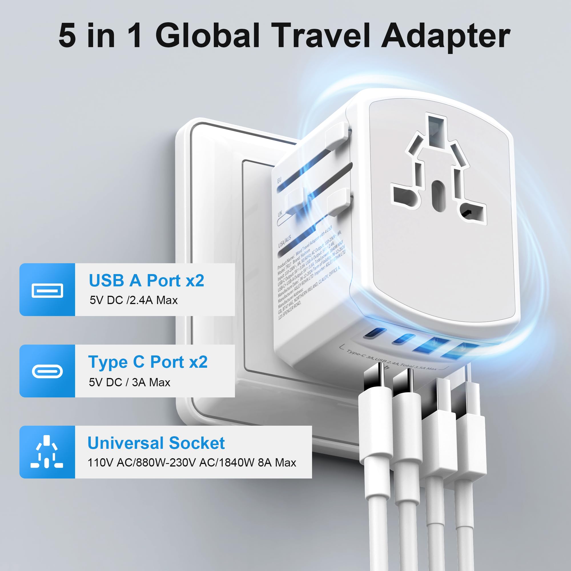 Adaptateur Prise Universelle Voyage International - 5 in1 Travel Adapter Internationale avec 2 USB 2 Type C et 1 AC Universel France vers UK USA Australie Thailande Japon Yioihnm