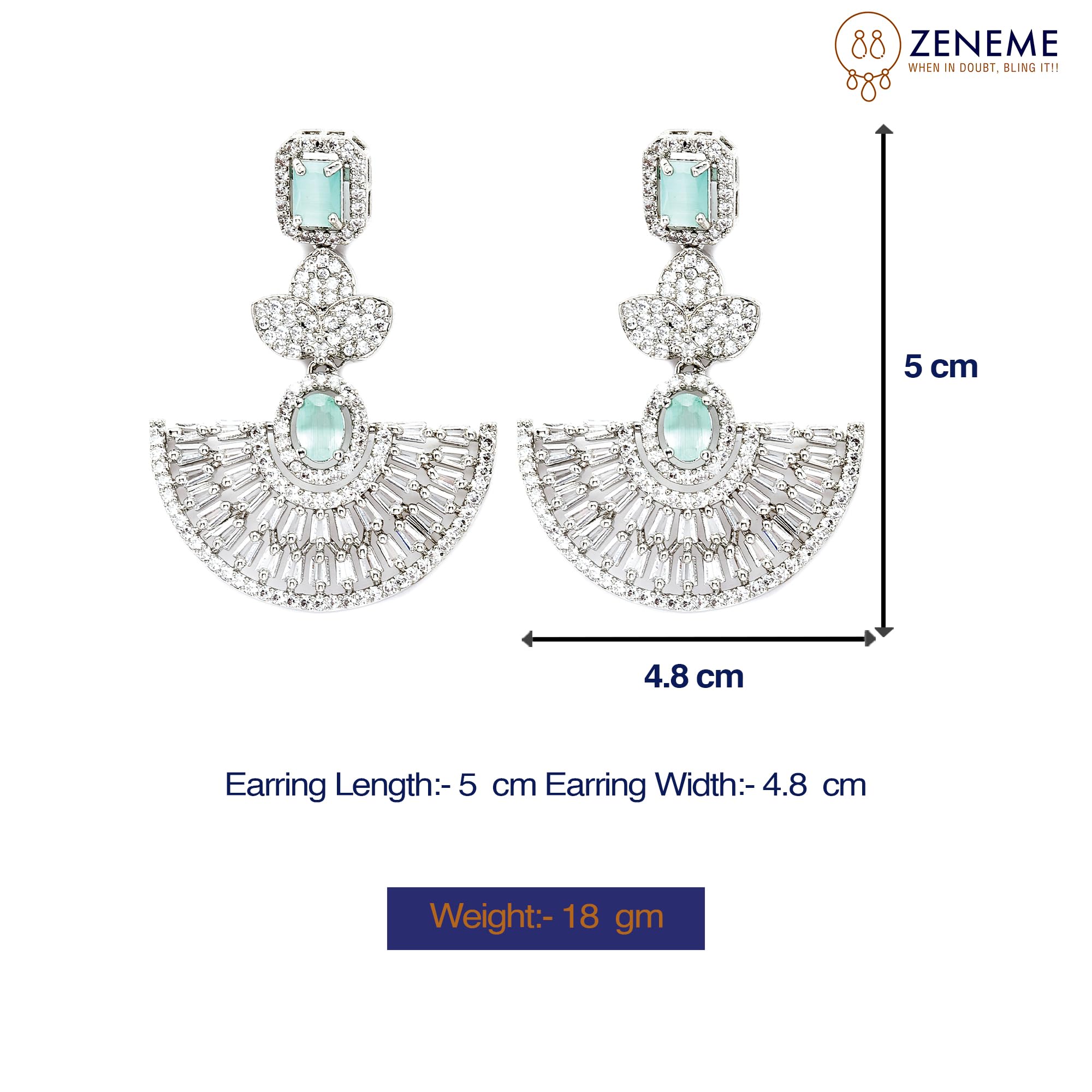 Leaf Shaped Drop Earrings with American Diamond in Rhodium Plating