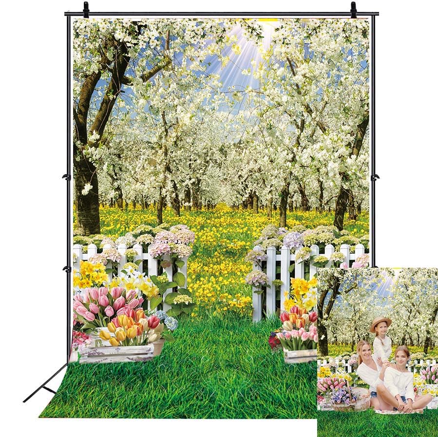 Spring Backdrop White Flowers Forest Tree Spring Garden Natural Scenery Easter Photography Background Kids Baby Shower Wedding Birthday Party Decorations Banner Photo Props (5x7FT)