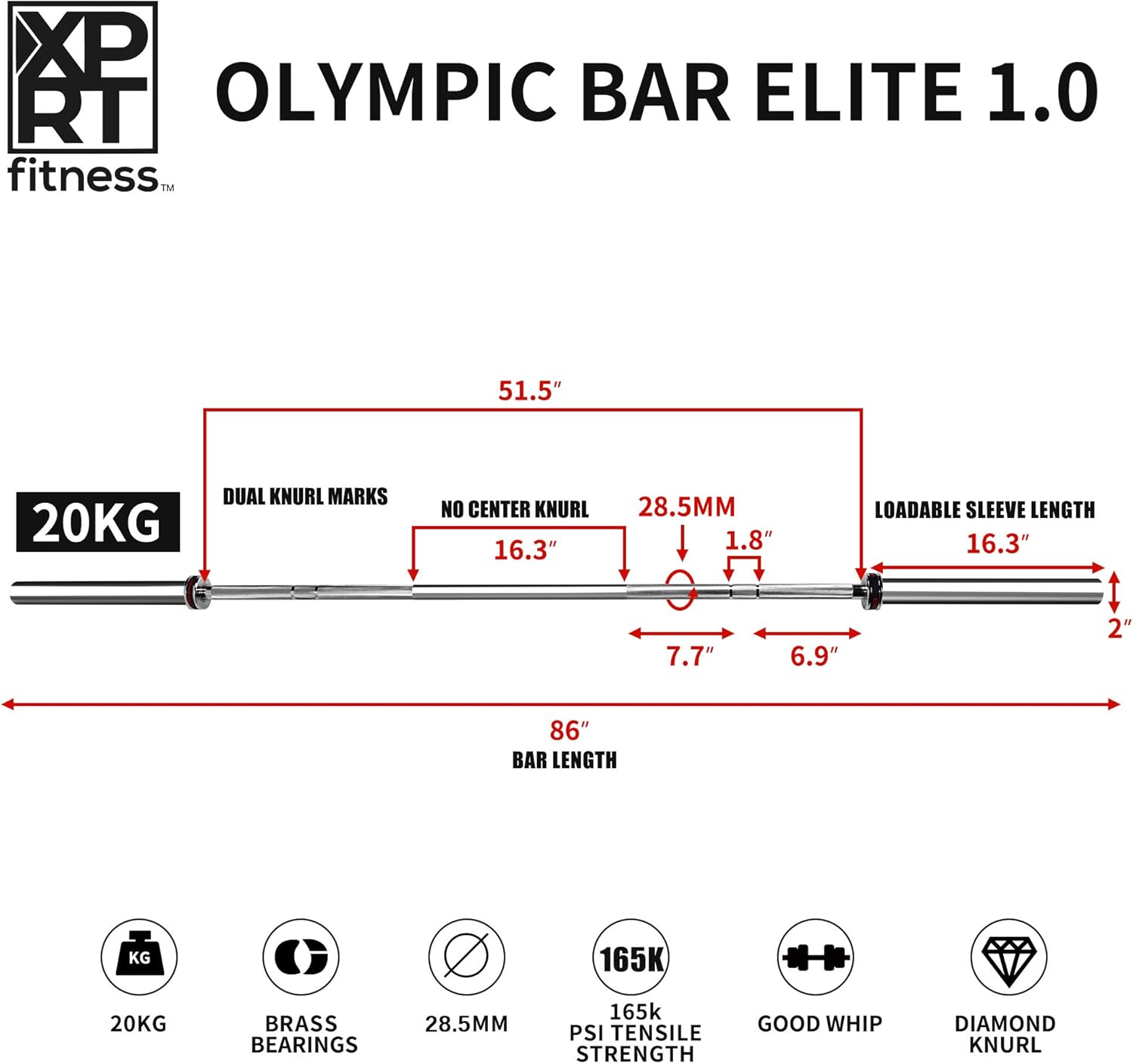 XPRT Fitness 20 KG 7 Feet Chrome Barbell 86'' multipurpose bar for weightlifting and powerlifting -1000lb Capacity