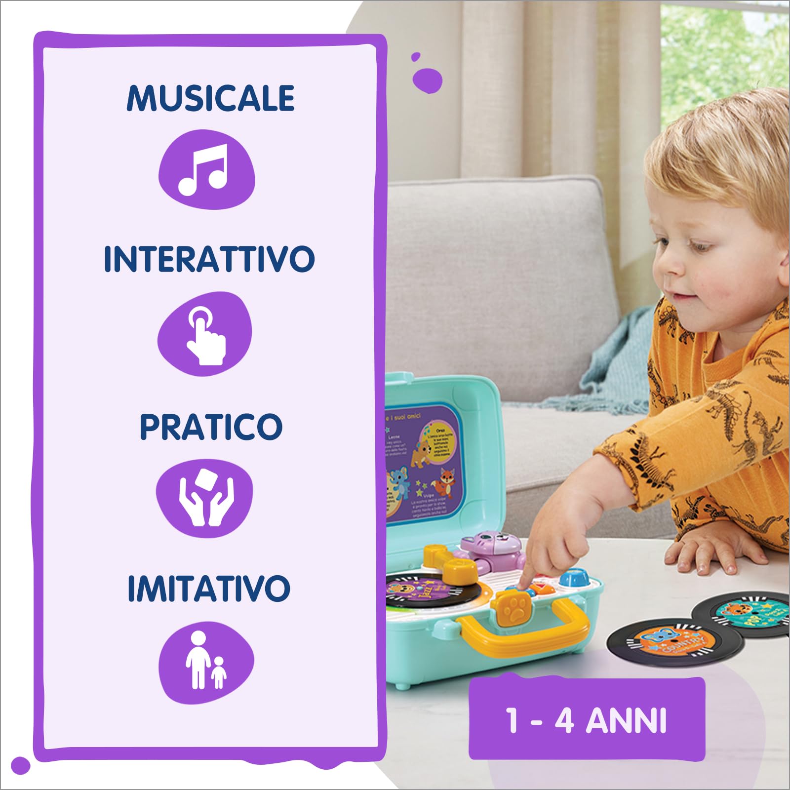 VTech Wisky, Micio Giradischi, Giradischi per Bambini, 5 Dischi Fronte-Retro, Regolazione Volume, Valigetta Inclusa, 6 Canzoni, Lingua Italiana, Batterie Incluse, 1-4 Anni