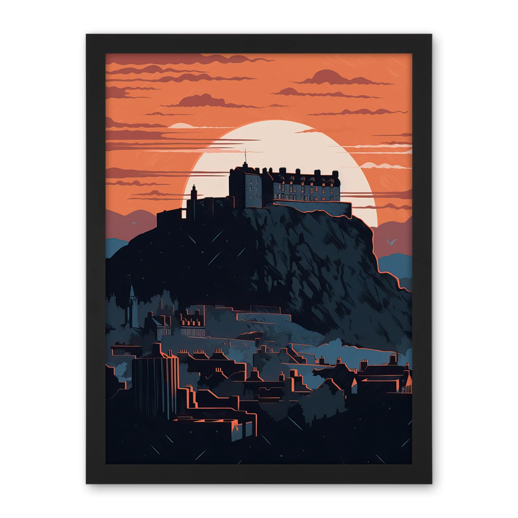 Artery8 Edinburgh Castle and Old Town Atmospheric Sunset Artwork Framed Wall Art Print 18X24 Inch