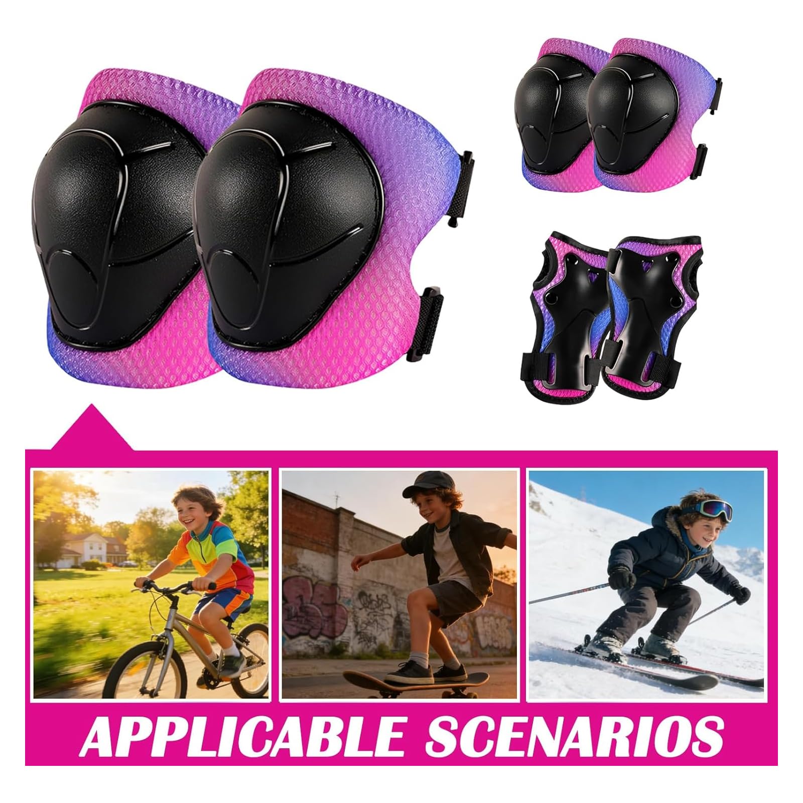 Ginocchiere per bambini, set di 6 protezioni per inliner, ginocchiere e protezioni per gomiti con protezione per il polso regolabile per ragazzi e ragazze da 2 a 7 anni per pattini in linea, scooter