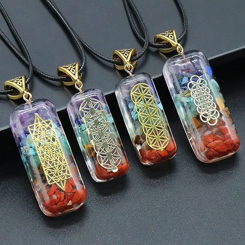 Miniatura 3 de LHJ 4 colgantes de piedra natural con forma de rectángulo de siete chakras, piedra rodada, resina de reiki, símbolo de cobre, dijes para meditación