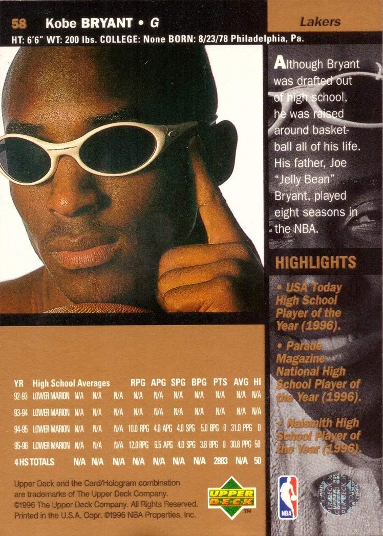 1996-97 Upper Deck Basketball #58 Kobe Bryant Rookie Card