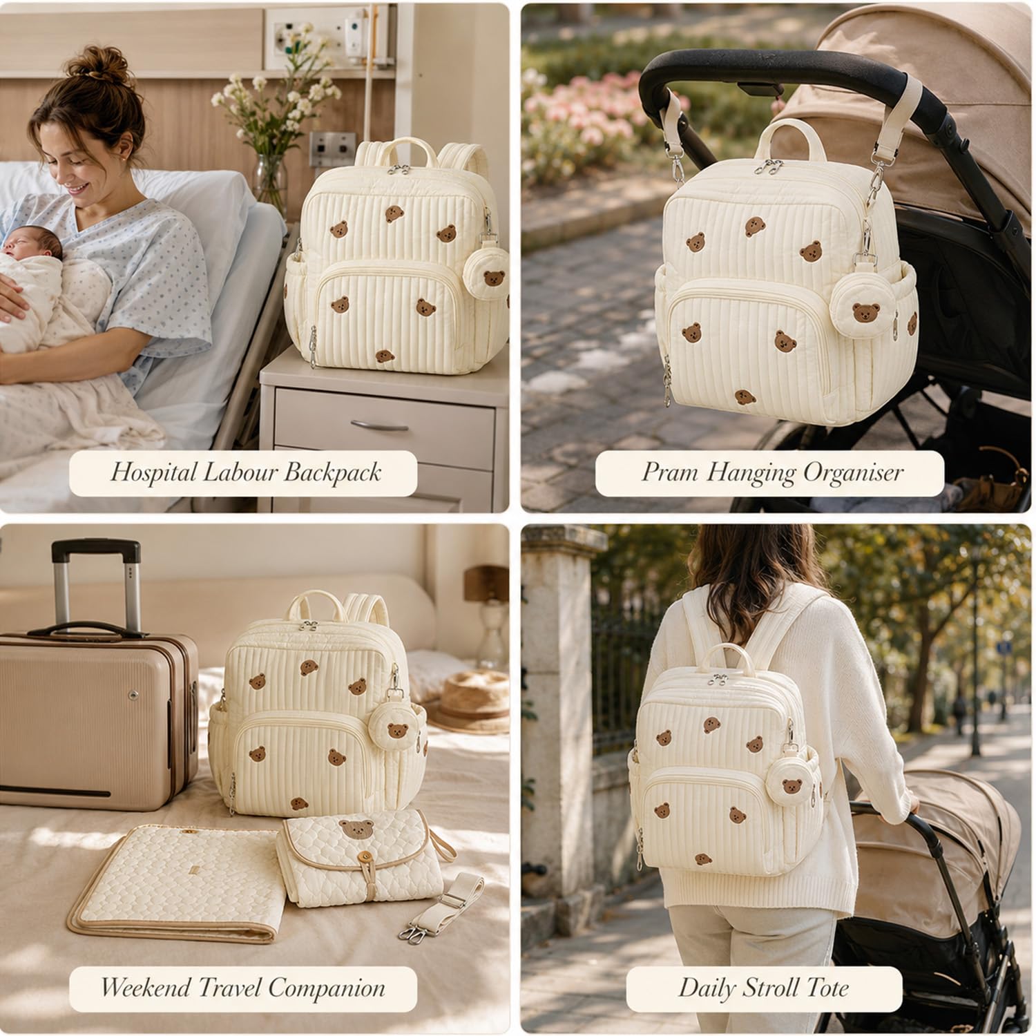Borsa da ospedale per bambini, grande capacità, borsa per cambio maternità con ricamo, motivo orso, borsa per pannolini carina per viaggi, soggiorni ospedalieri, uso carrozzina e assistenza