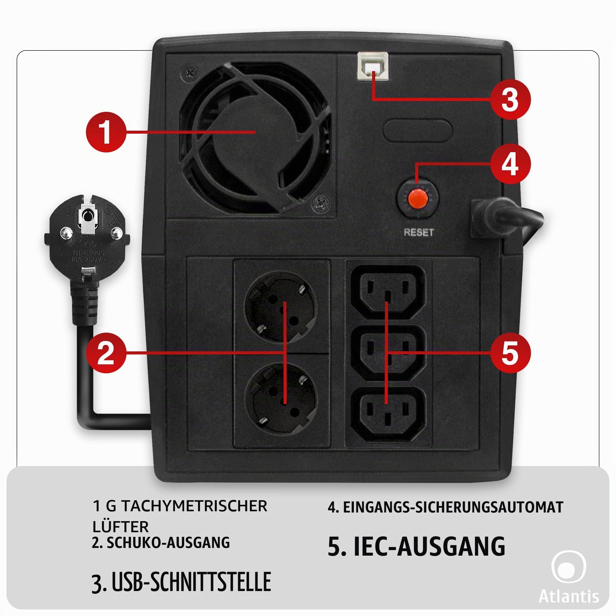 Atlantis OnePower 1200, USV Line Interactive 1200VA/700W, AVR, PseudoSinuswelle, 3 IEC-Steckdosen + 2 Schuko-Steckdosen, 2 Batterien 12 V 7 Ah
