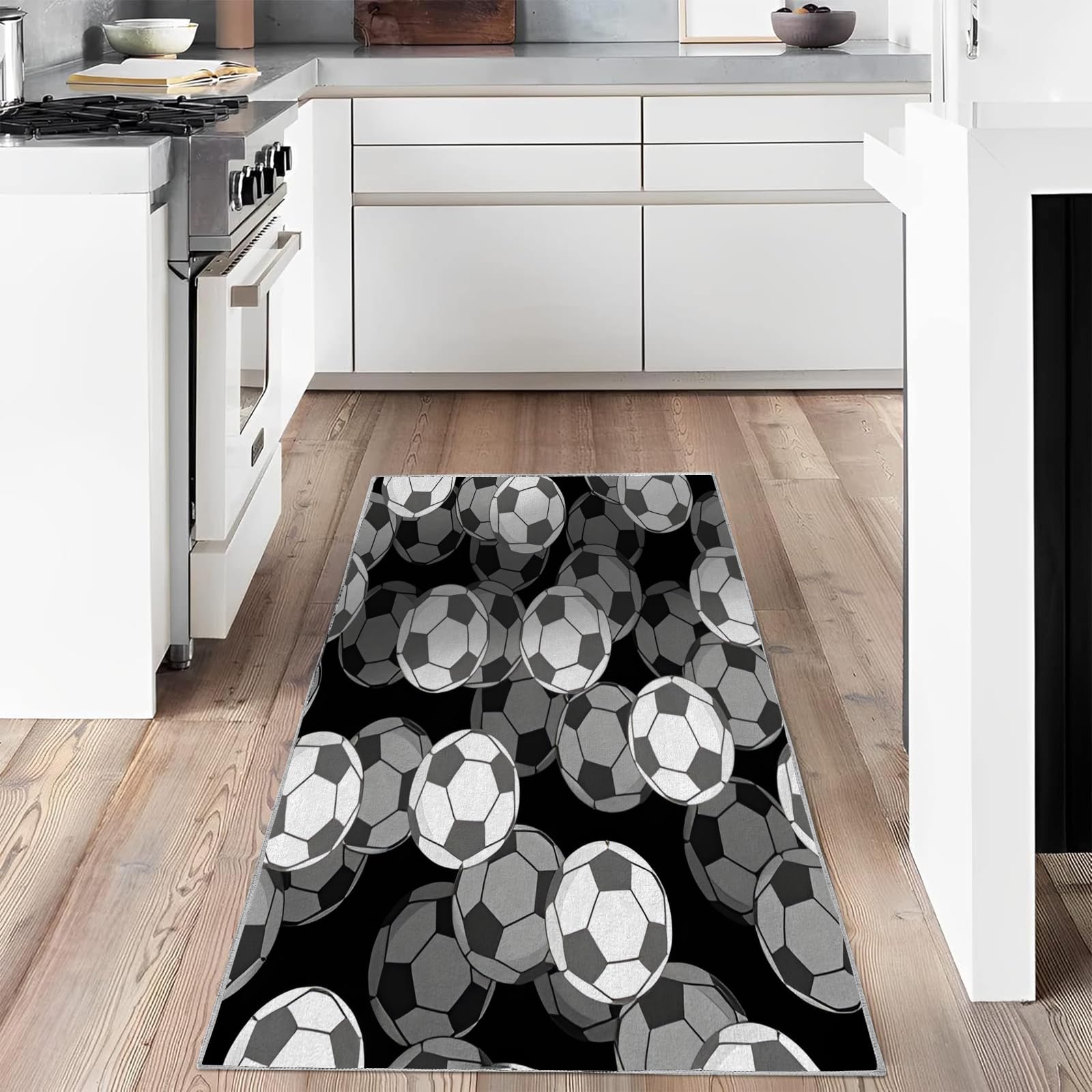 3D Soccer Area Rug 2x4 Funny Football Runner Rug Non Slip, Non Shedding Washable Kitchen Rugs Small Laundry Room Rug Bath Mat, Black Gray Carpet