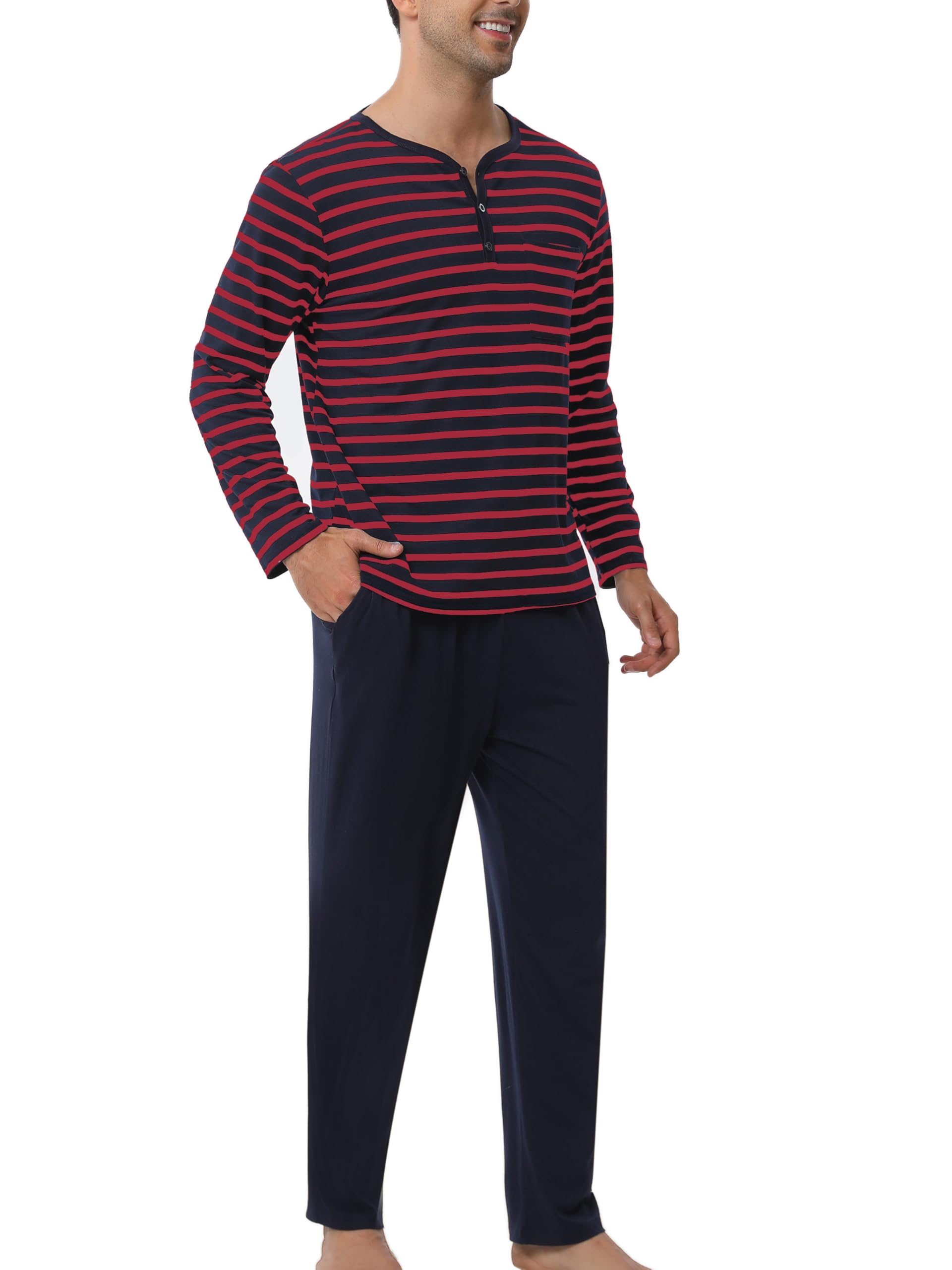 Pigiami Due Pezzi Uomo Maglia Maniche Lunghe + Pantaloni, Pigiami e Abbigliamento da Notte-Strisce/Rosso Blu/3XL