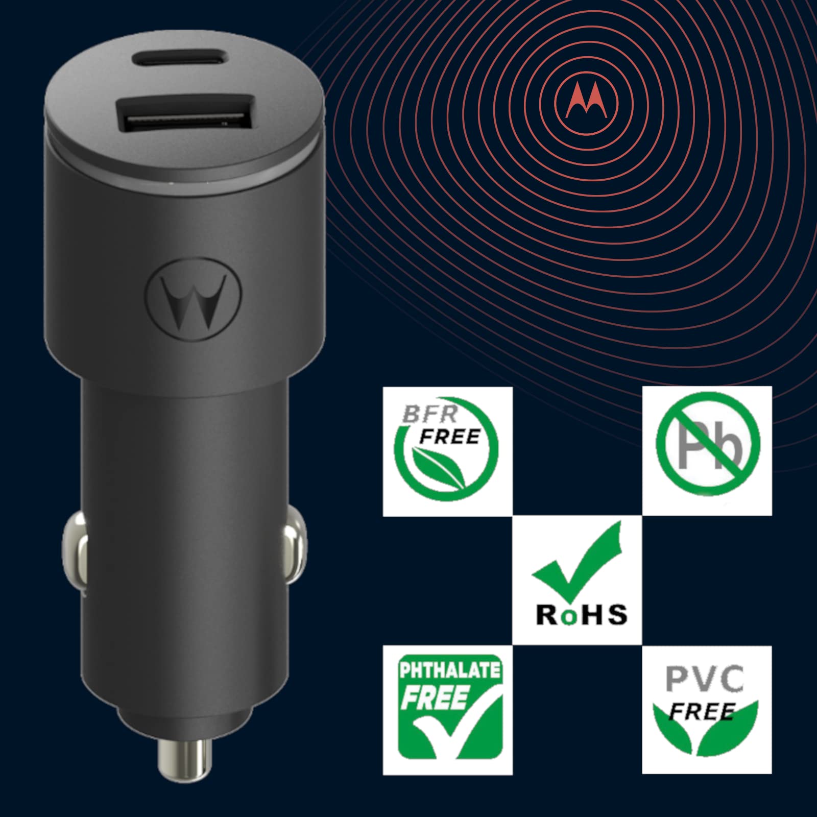 Motorola Chargers - Ładowarka samochodowa/telefoniczna USB PD Dual Port 45W (USB-A i C) z kablem C do C o długości 1 m