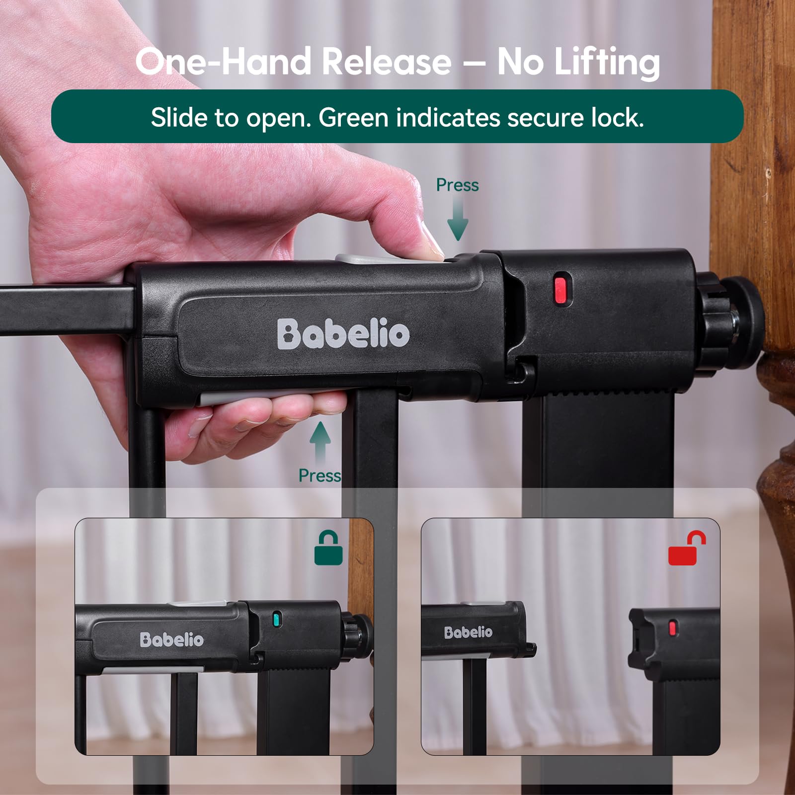 BABELIO Cancelletto per porte e scale, cancello per animali domestici da 66 a 78,7 cm, con ampia porta passante e indicatore di blocco, cancello di sicurezza montato a pressione senza trapano con