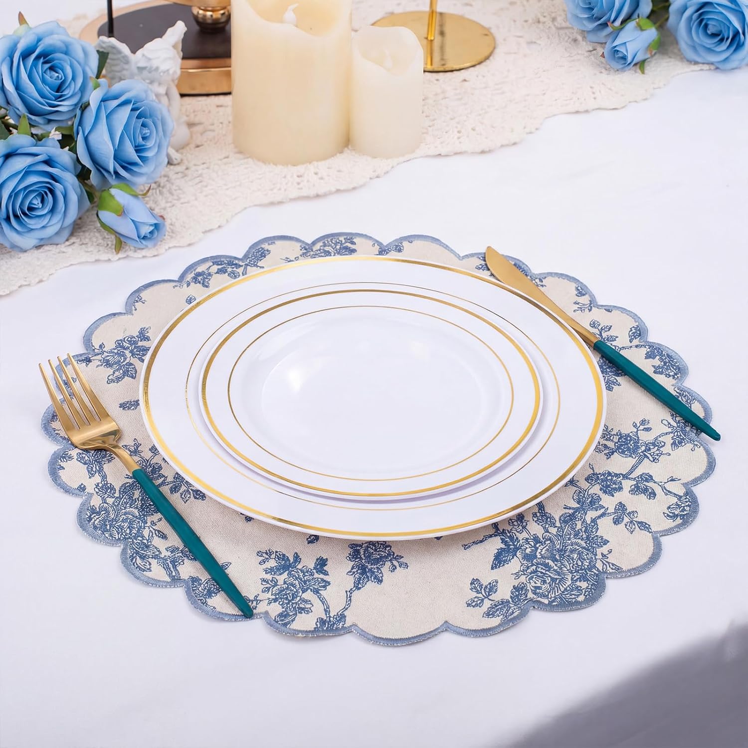 Set of 12 Blue and White Cotton Placemats 15 Inch Round Scalloped Embroidery Placemats Washable Double Layered Rustic Table Mat Fabric Napkins for Wedding Table Decor