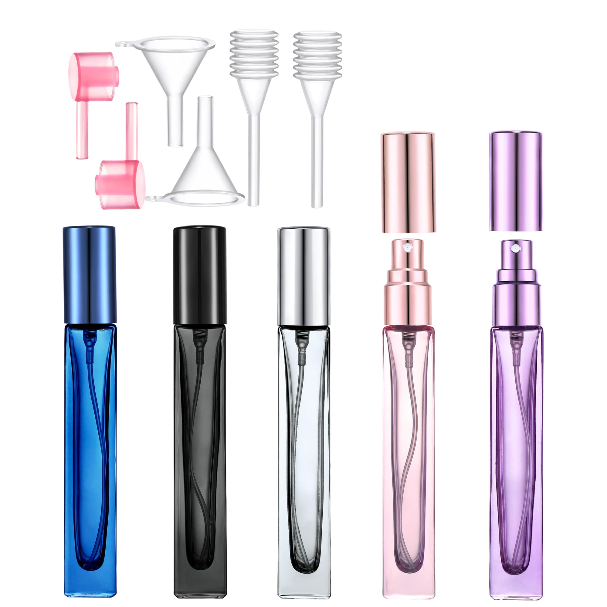 Yikimyfo 5Pcs-10Ml(Blue+Black+Grey+Pink+Purple) Glass Refillable Perfume Bottle, 5 Pcs 10Ml/0.34Oz Travel Perfume Atomizer Fine Mist Spray Bottles Small Cologne Sprayer Leak-Proof Perfume Bottles Empty Perfume Container With Tool