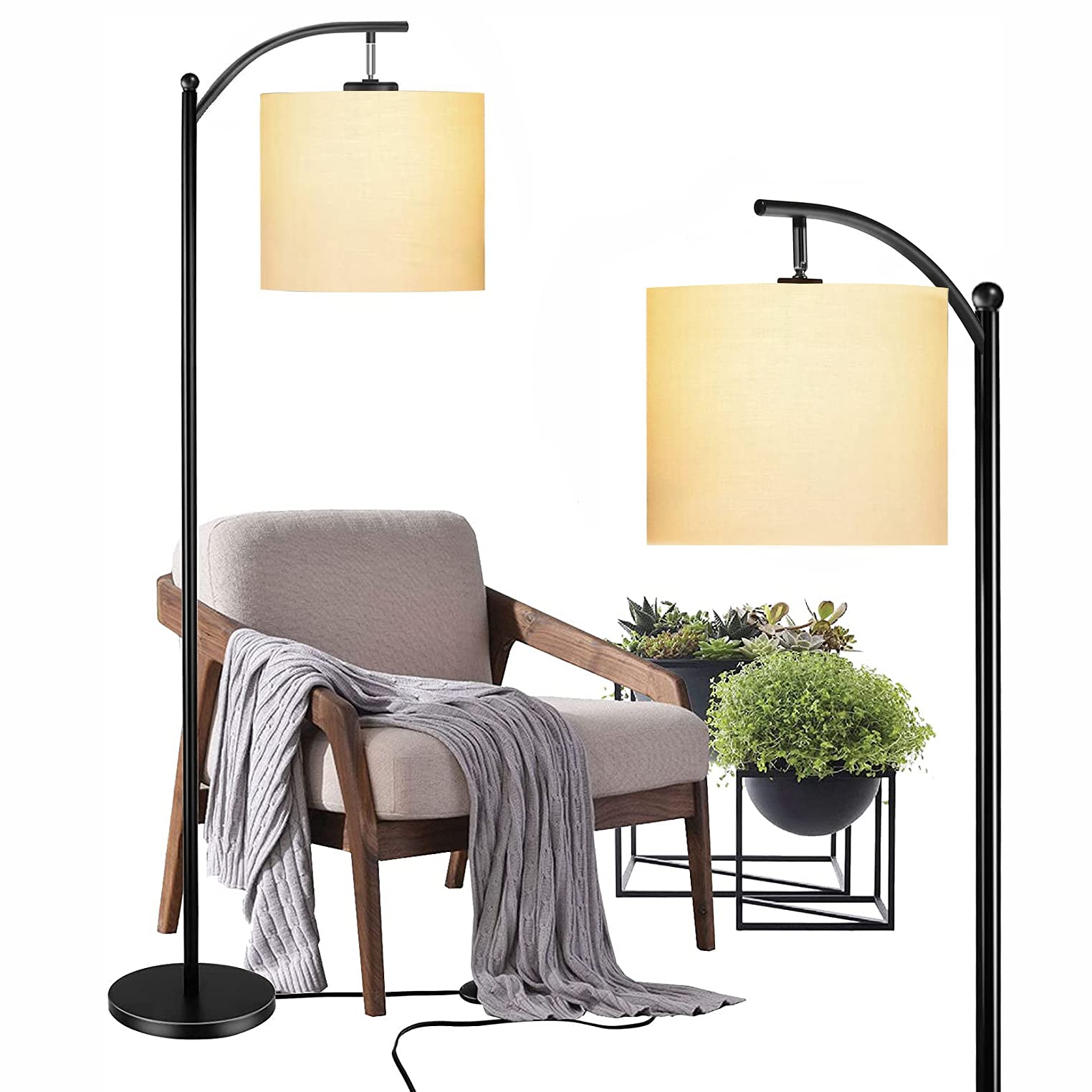Floor Lamp for Living Room, Standing Lamp with Hanging Linen Lamp Shade and 9W LED Bulb, Modern, Industrial Reading Light, Floor Lamps for Office, Bedrooms, Farmhouse, Black