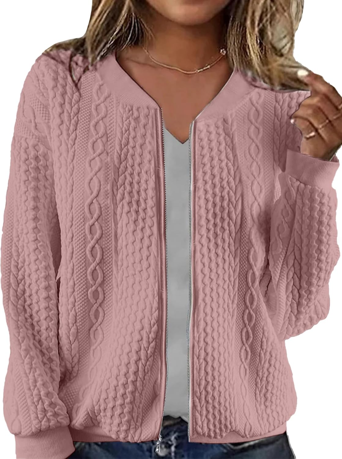 Women's Zip Up Cardigan Sweater Cable Hoodies Long Sleeve Jacket Outfits Crewneck Casual Coat