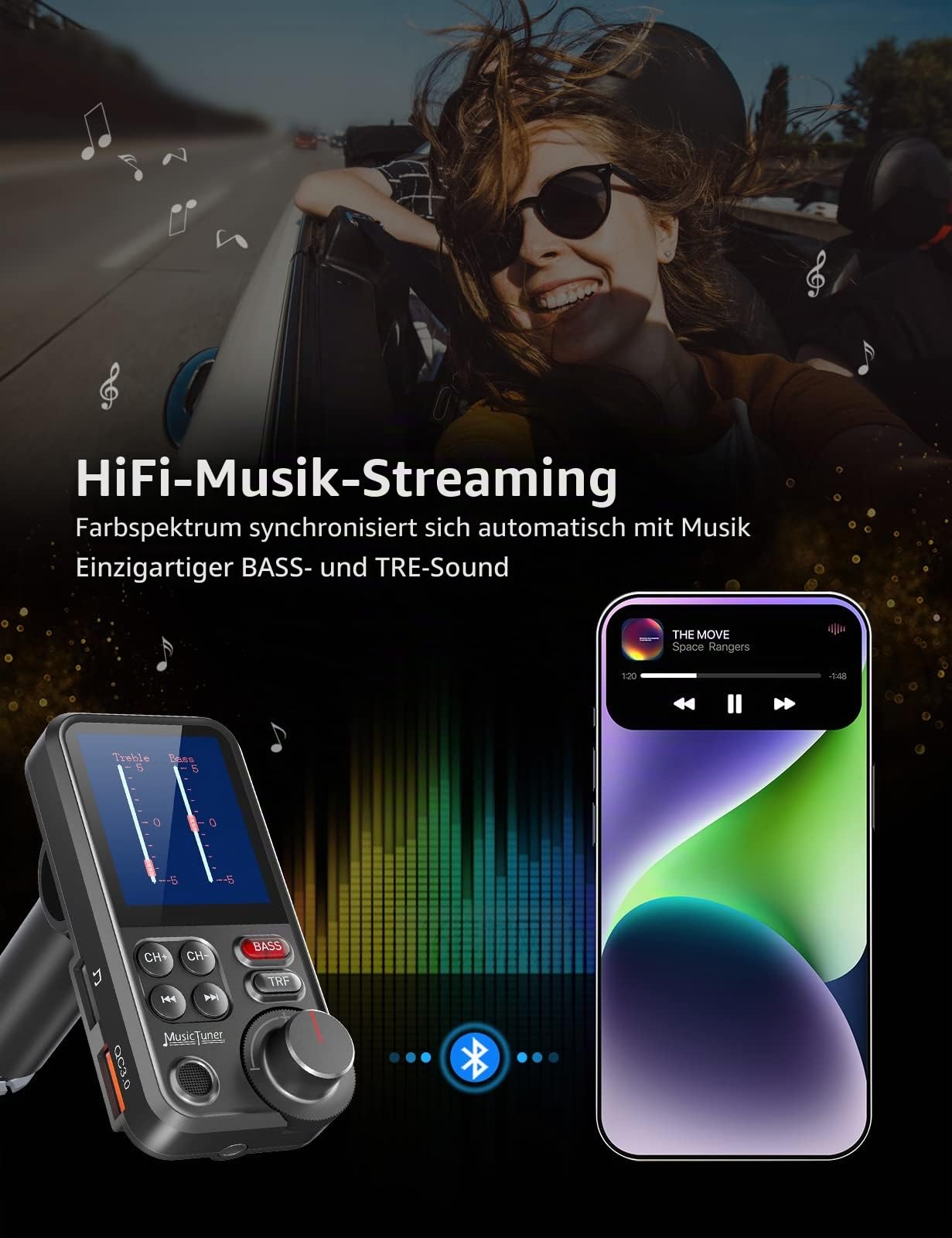 Nulaxy Bluetooth Adapter Auto, Starkes Mikrofon FM Transmitter Auto Bluetooth mit 1,8-Zoll-Farbbildschirm für Freisprechanrufe, unterstützt QC3.0-Lade-, Höhen- und Bassmusik-Player - KM30