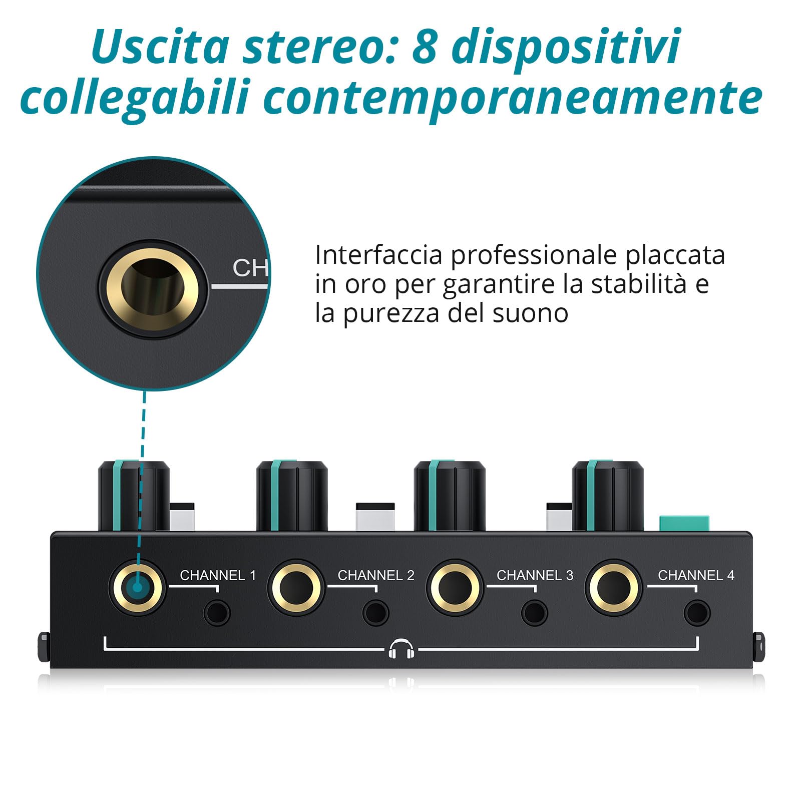 Amplificatore per Cuffie Professionale 4 Canali Audio Mono/Stereo con Ingressi 3,5 mm/6,35 mm per Club, Bar, Mixer